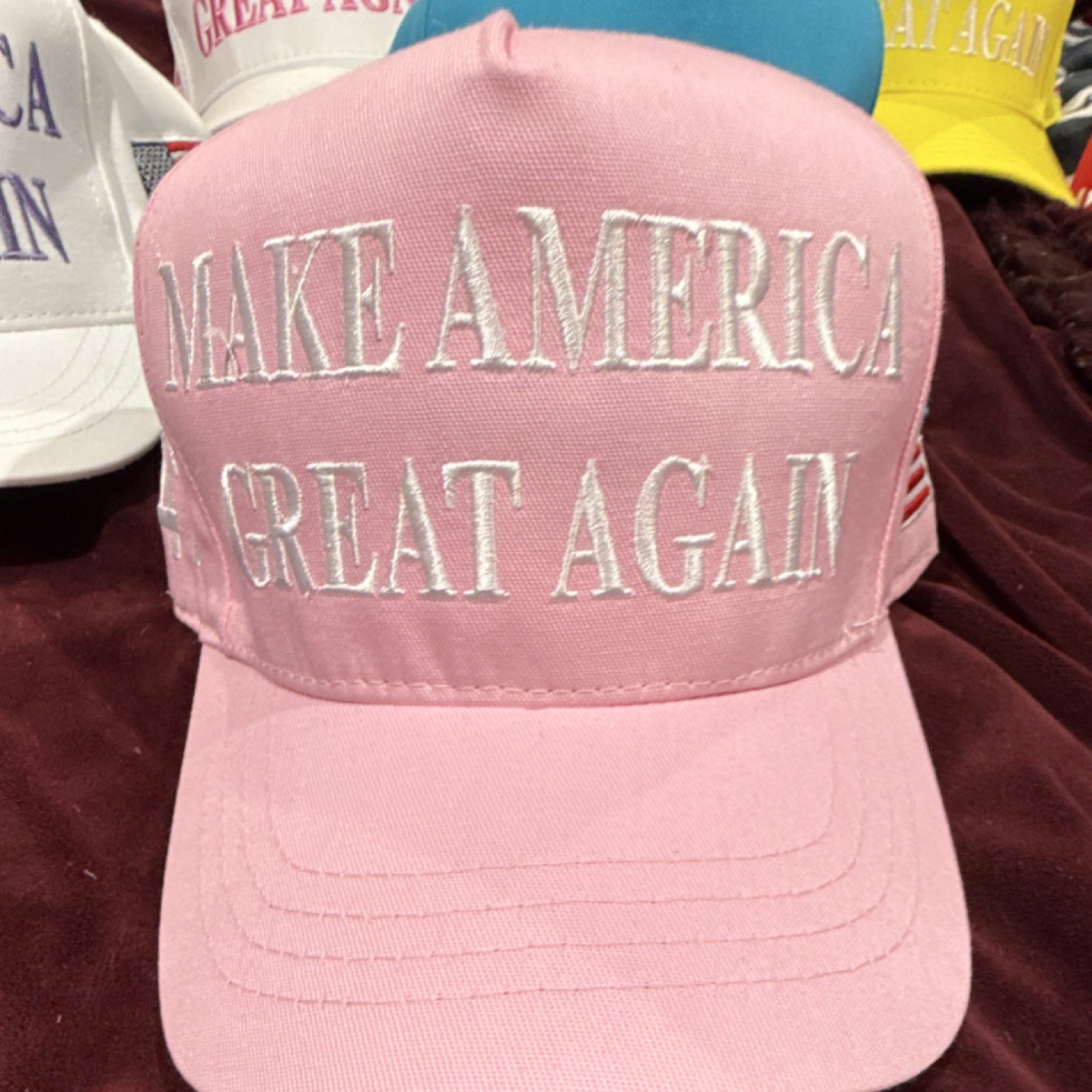 Official Trump Cali-Fame MAKE AMERICA GREAT AGAIN 2024 Pink Hat w/ American Flag