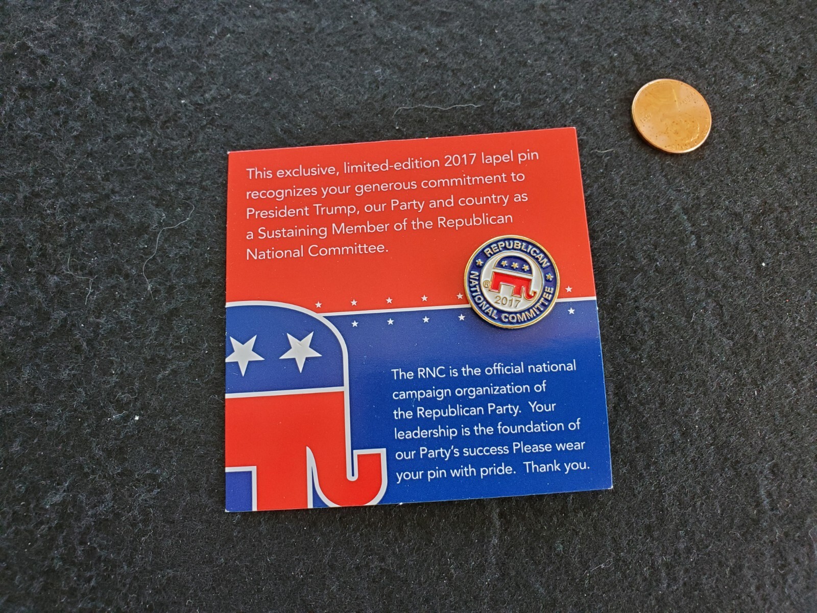 Republican National Committee 2017 lapel pin. New!! Donald Trump.