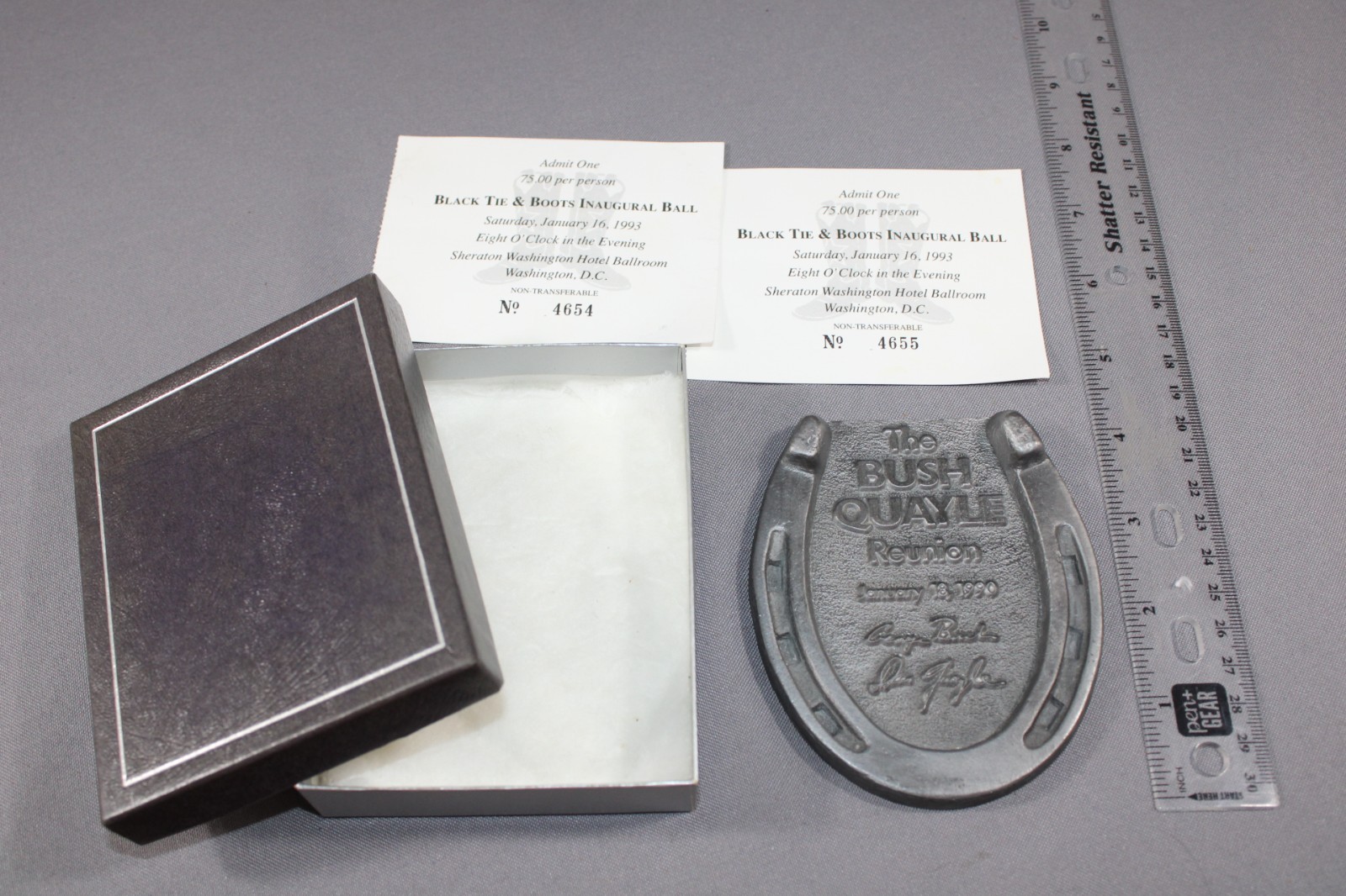 Bush Quayle Reunion 1990 Plaque Paperweight Box Tickets Horseshoe President US