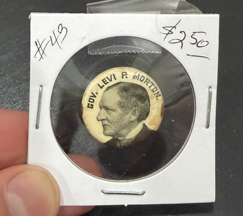 Levi P. Mortan Jug Extremely Rare Political Button Vice President Governor 1888!