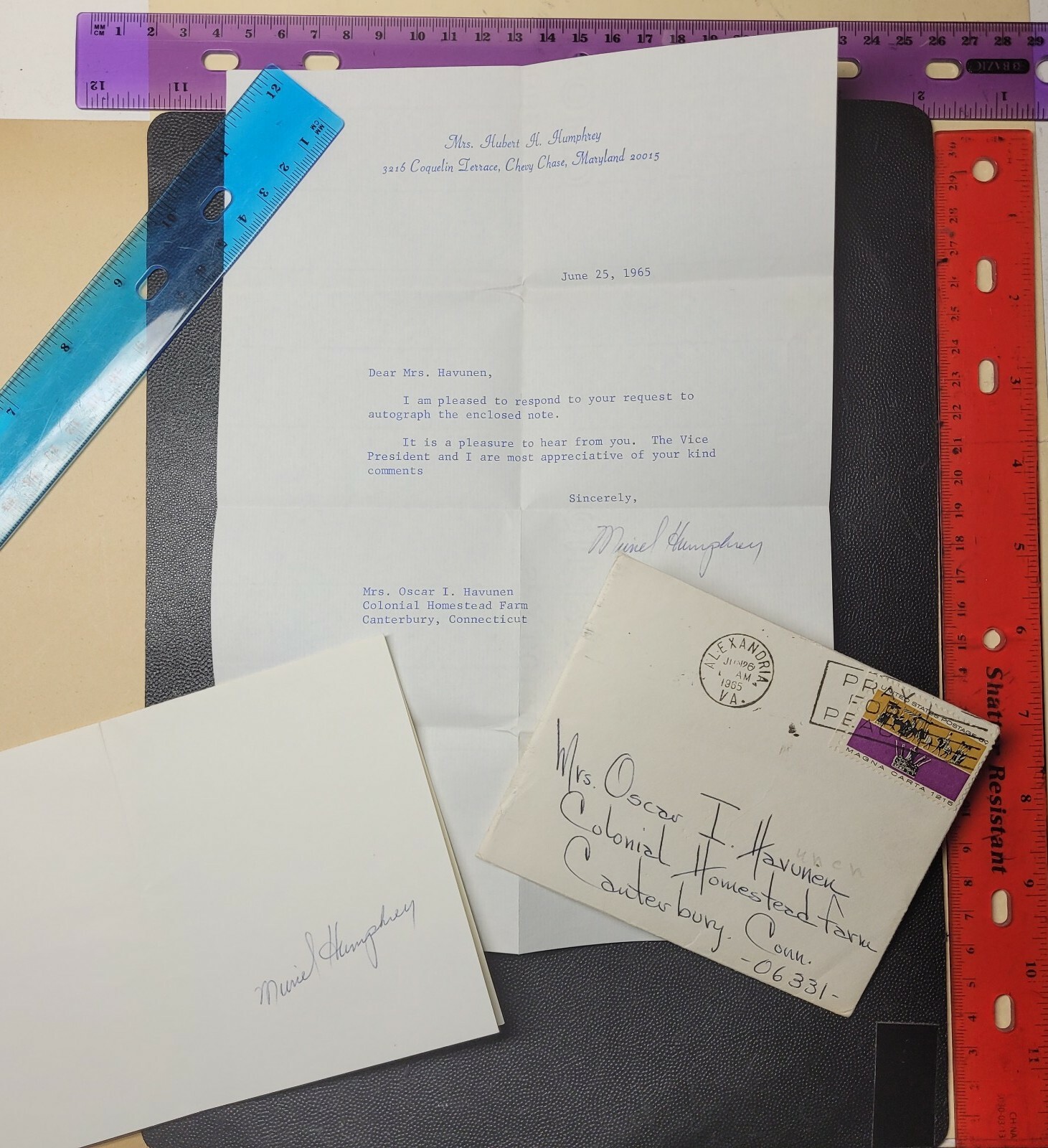 HUBERT H. HUMPHREY Muriel AUTOGRAPHS SIGNATURES STATIONERY Chevy Chase MD 1965