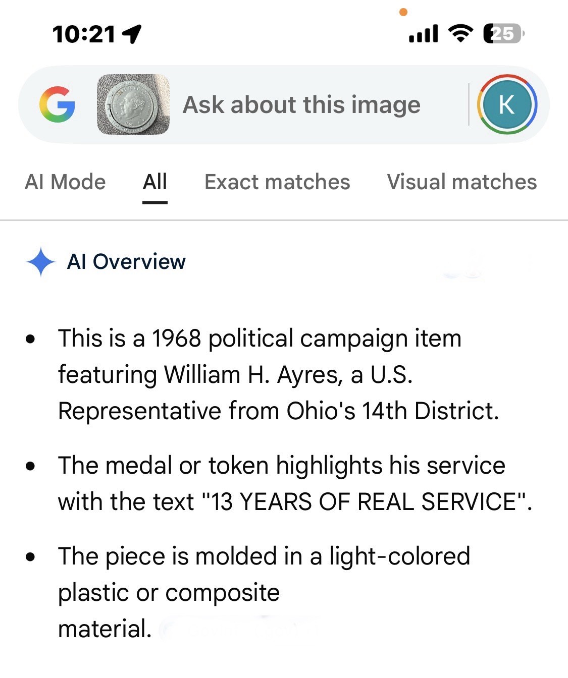 1968 Political Campaign Plastic Token / William H. Ayres U.S.Representative Ohio