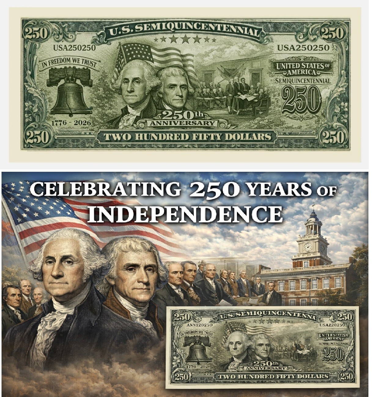 50 PACK-25 Trump $100 Novelty Dollar Bills & 25-250TH ANNIVERSARY BILLS-COLLECT