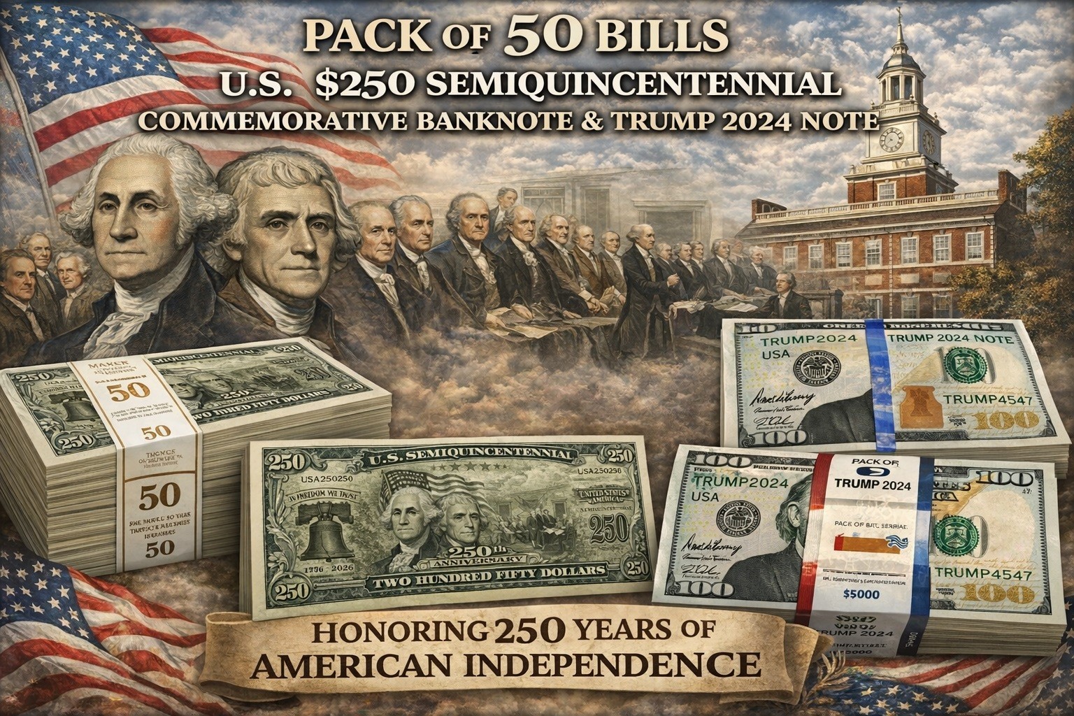 50 PACK-25 Trump $100 Novelty Dollar Bills & 25-250TH ANNIVERSARY BILLS-COLLECT