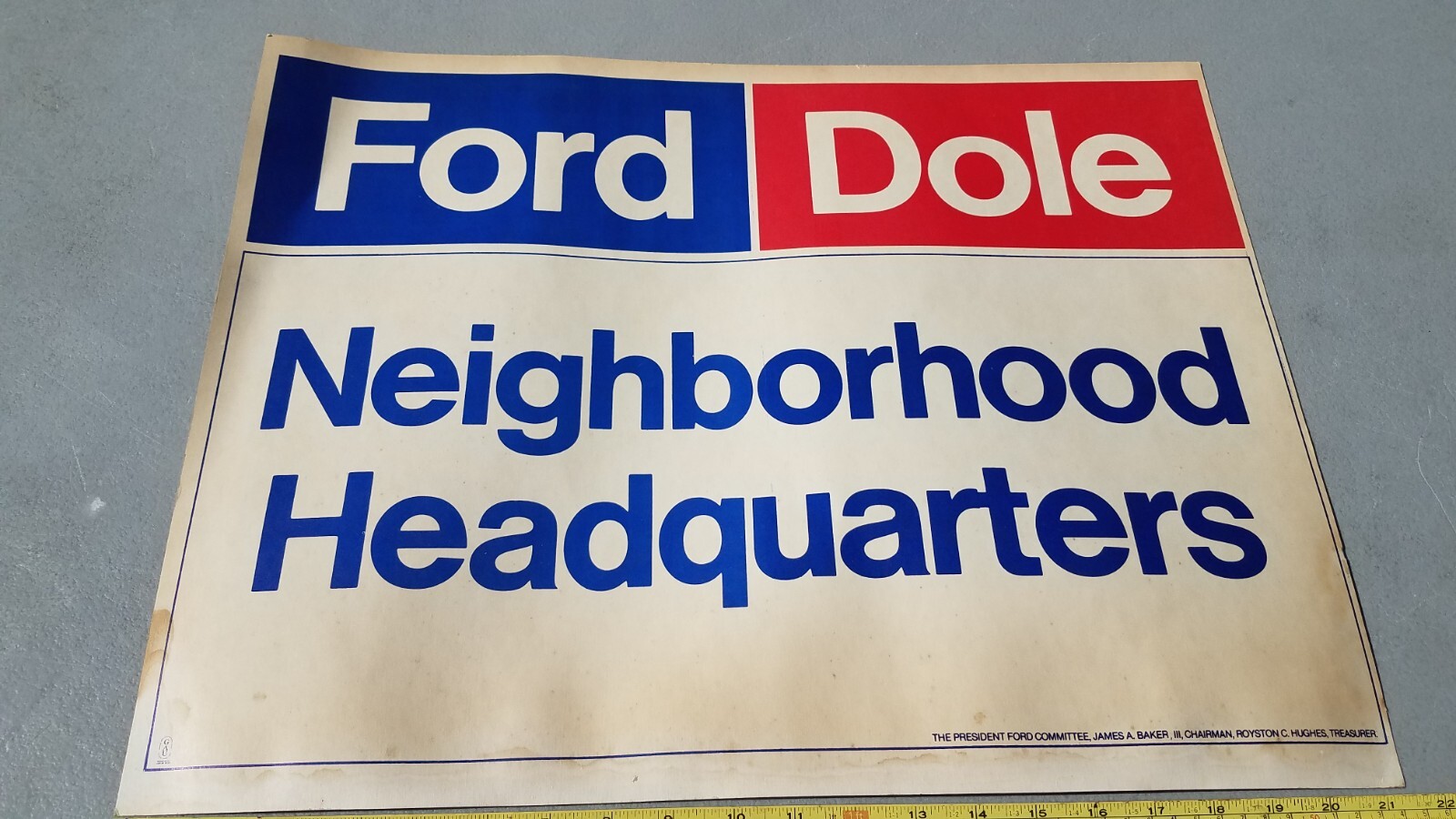 Vintage 1976 Gerald Ford Bob Dole Neighborhood HQ Window Sign Poster 21″ X 16″
