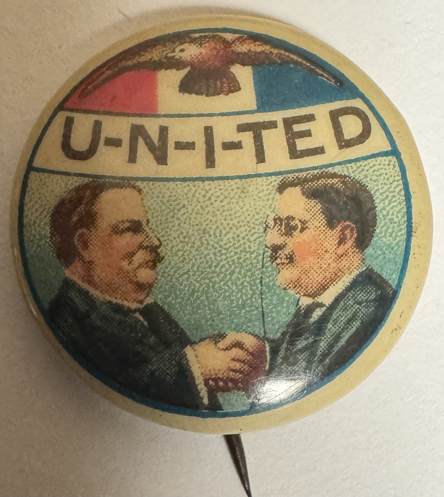 1908 TR-TAFT “U-N-I-TED” JUGATE CELLULOID BUTTON, GRAPHIC & A CLASSIC-EXCELLENT!