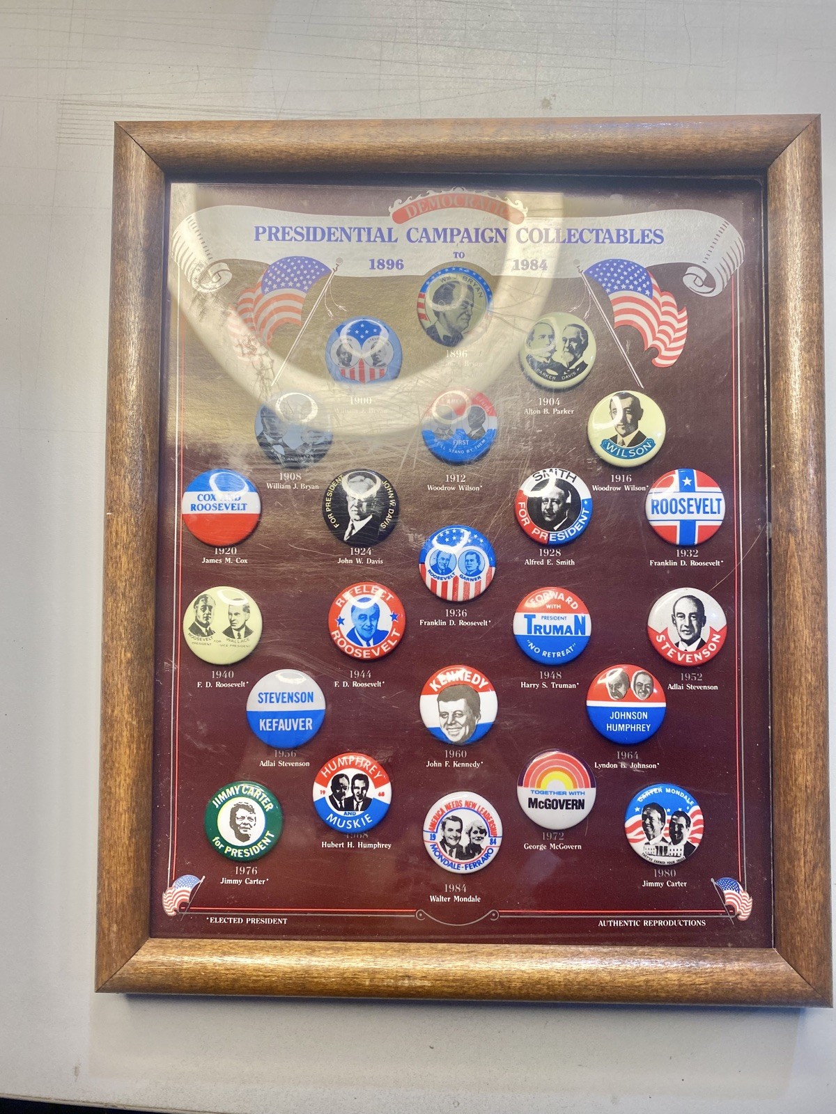 Vintage Framed Authentic Reproduction Presidential Political Pins 1898-1984