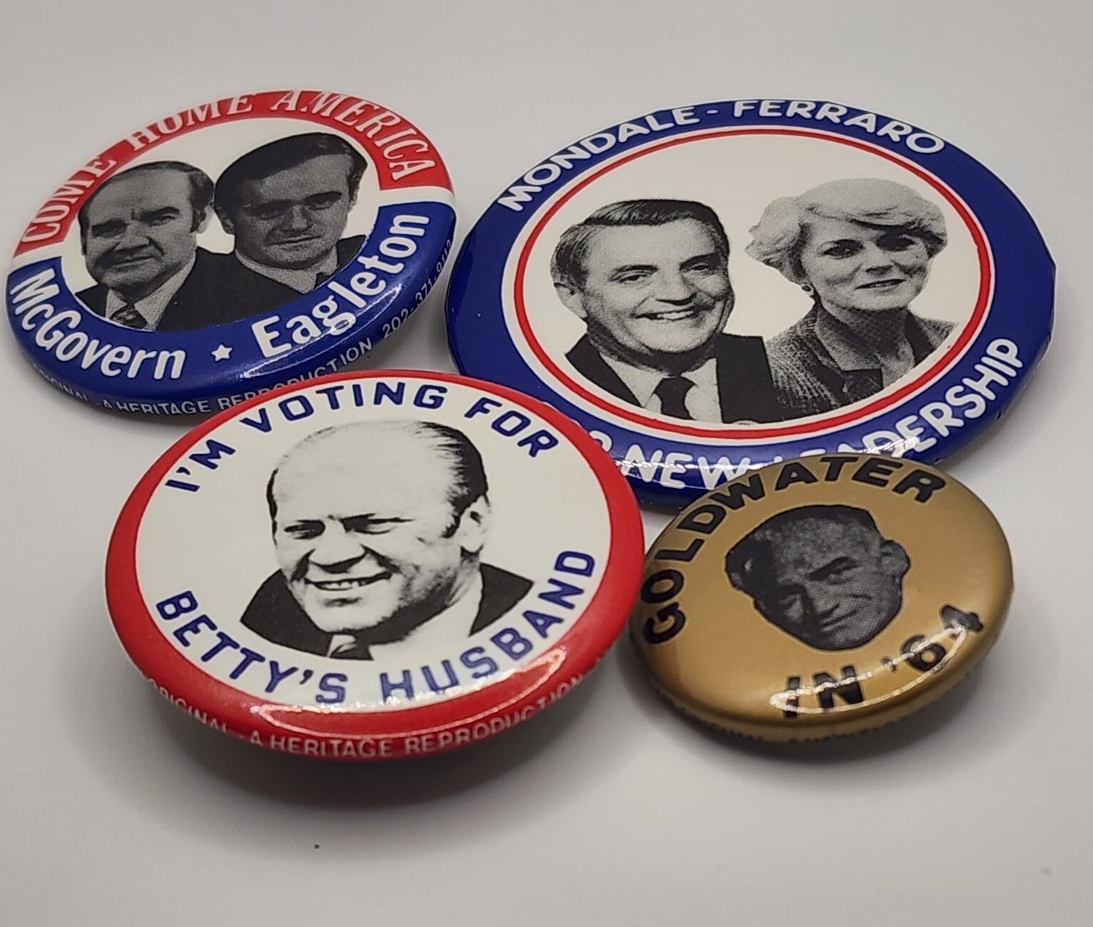 Pinback Buttons Lot 4 Including 1st Female USVP Candidate 60s-80s Political
