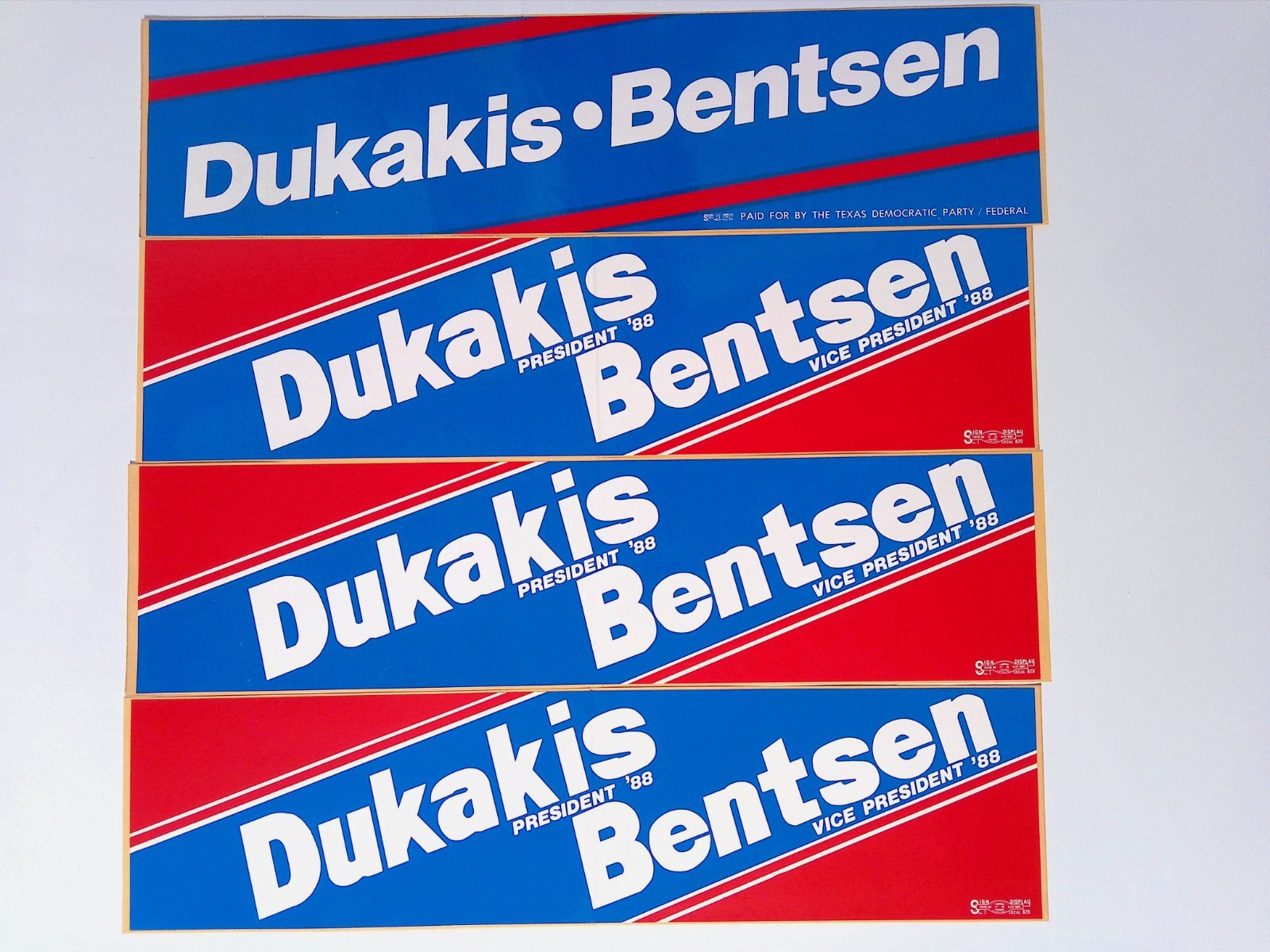 Dukakis Bentsen 1988 Presidential Campaign 4 Bumper Stickers Lot Michael Dukakis