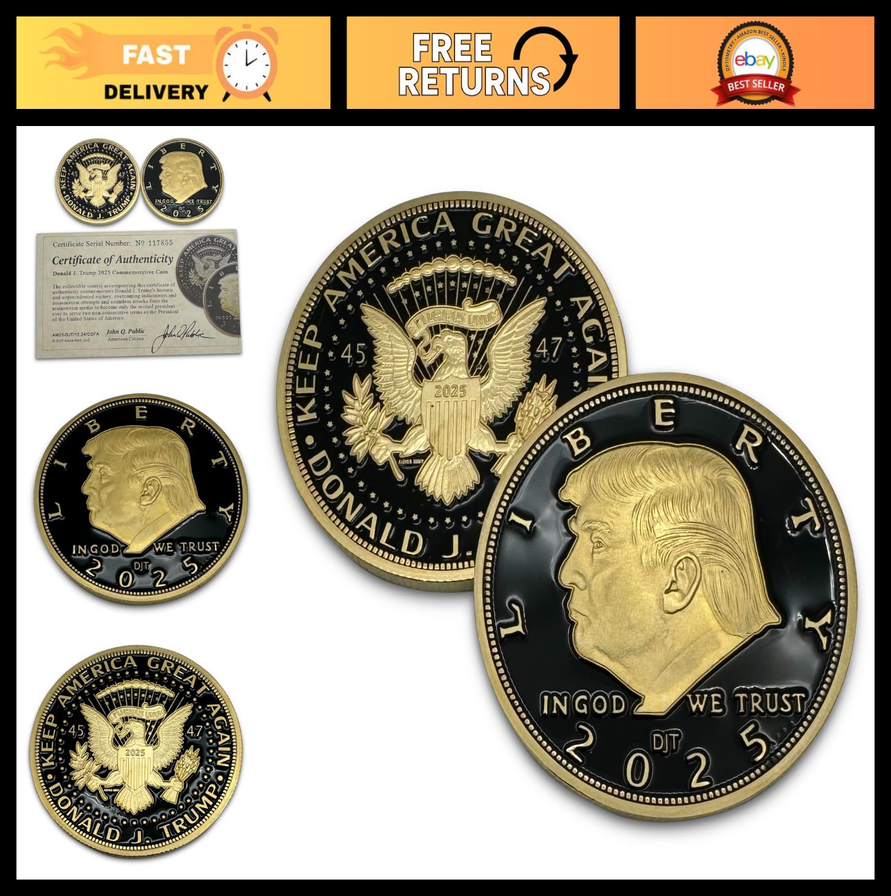 2025 Black & Gold President Coin with Certificate of Authenticity, 24kt Gold Pla