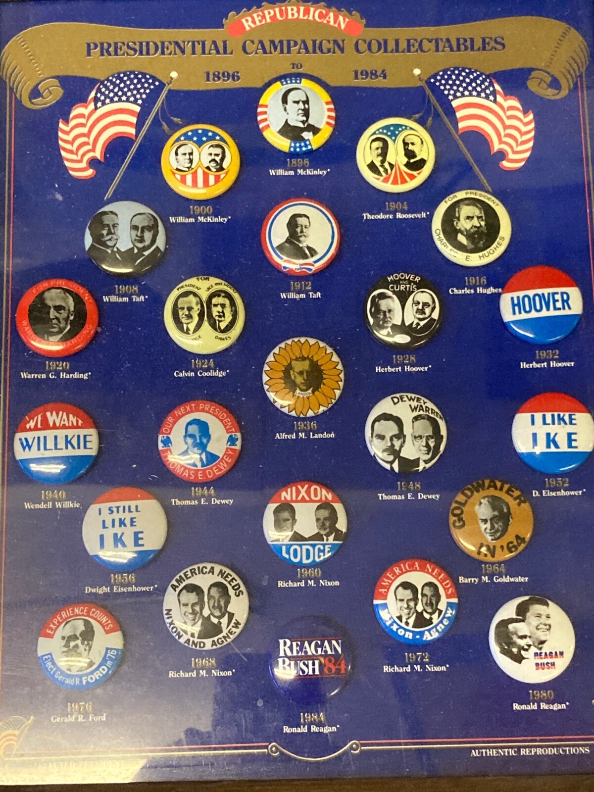 46 Republican Democrat framed presidential reproduction political pins 1896-1984