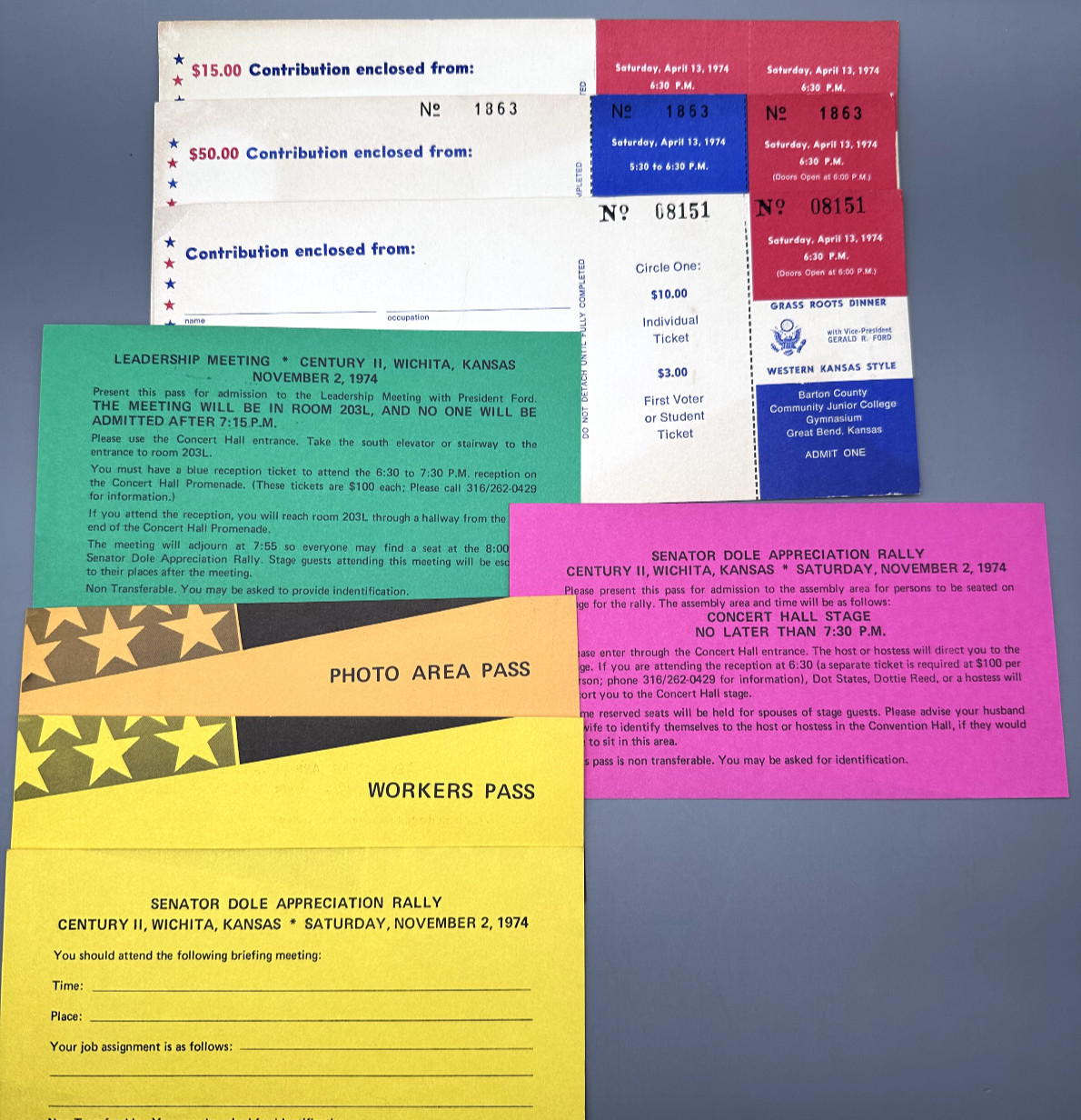 1974 KANSAS REPUBLICAN GOP DOLE RALLY PASSES & FORD RECEPTION TICKETS – A226