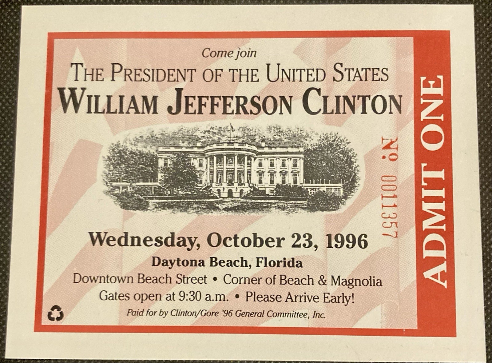 President Bill Clinton 1996 Campaign Rally Ticket – Palm Beach, Florida