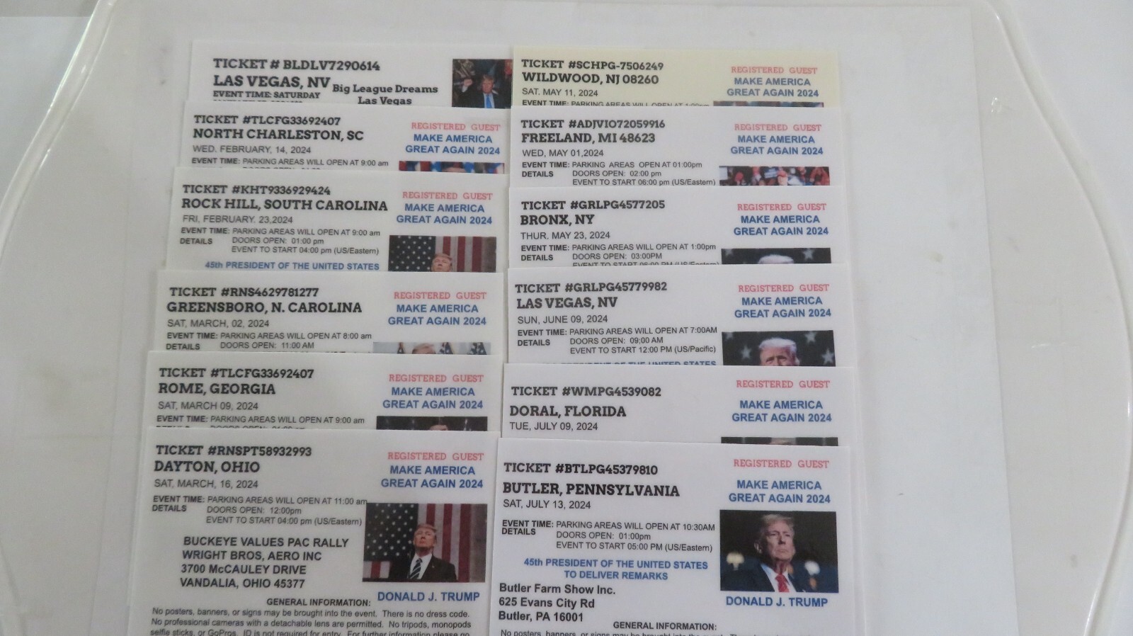 DONALD TRUMP, RALLY TICKETS 2024 REGISTERED GUEST LOT OF 12- 10 DIFFERENT STATES