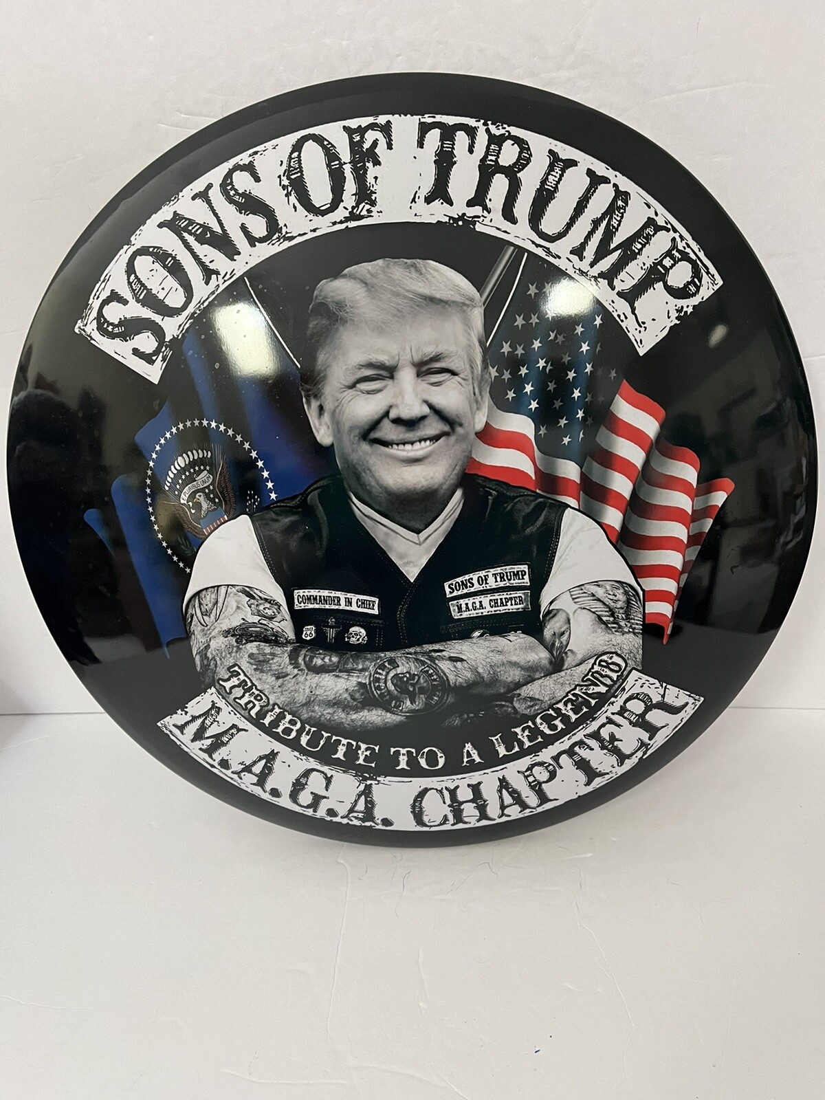 Rare HTF Sons of Trump MAGA Chpt Metal Wall Sign – 15 1/2” Diameter, 2-1/2 Deep.