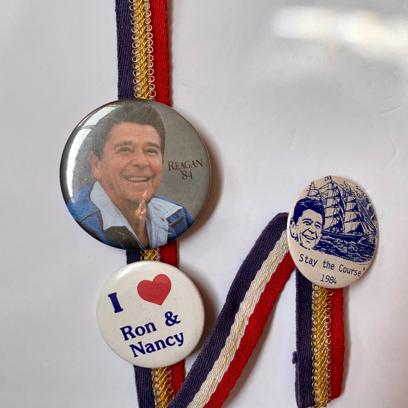 Vintage 1984 84 Ronald Reagan Political Pins on Ribbon I Heart Ron & Nancy Stay