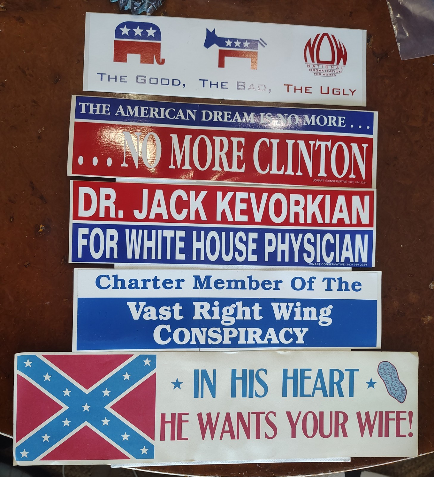 Lot Of 5 Funny Vintage Political Bumper Stickers Clinton Kevorkian Carter NOS