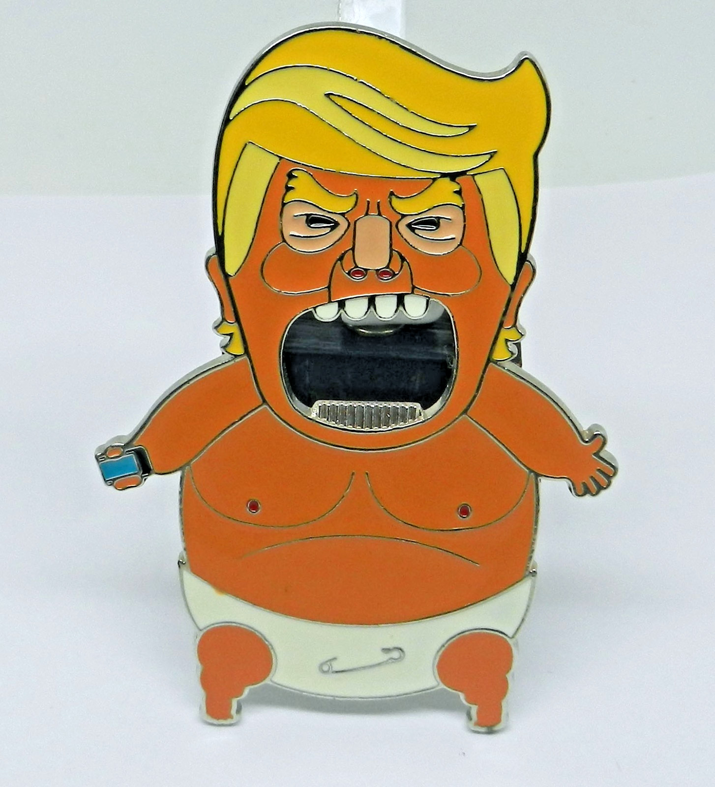 Anti Donald Trump “Baby Trump” in diaper magnetic metal & enamel bottle opener
