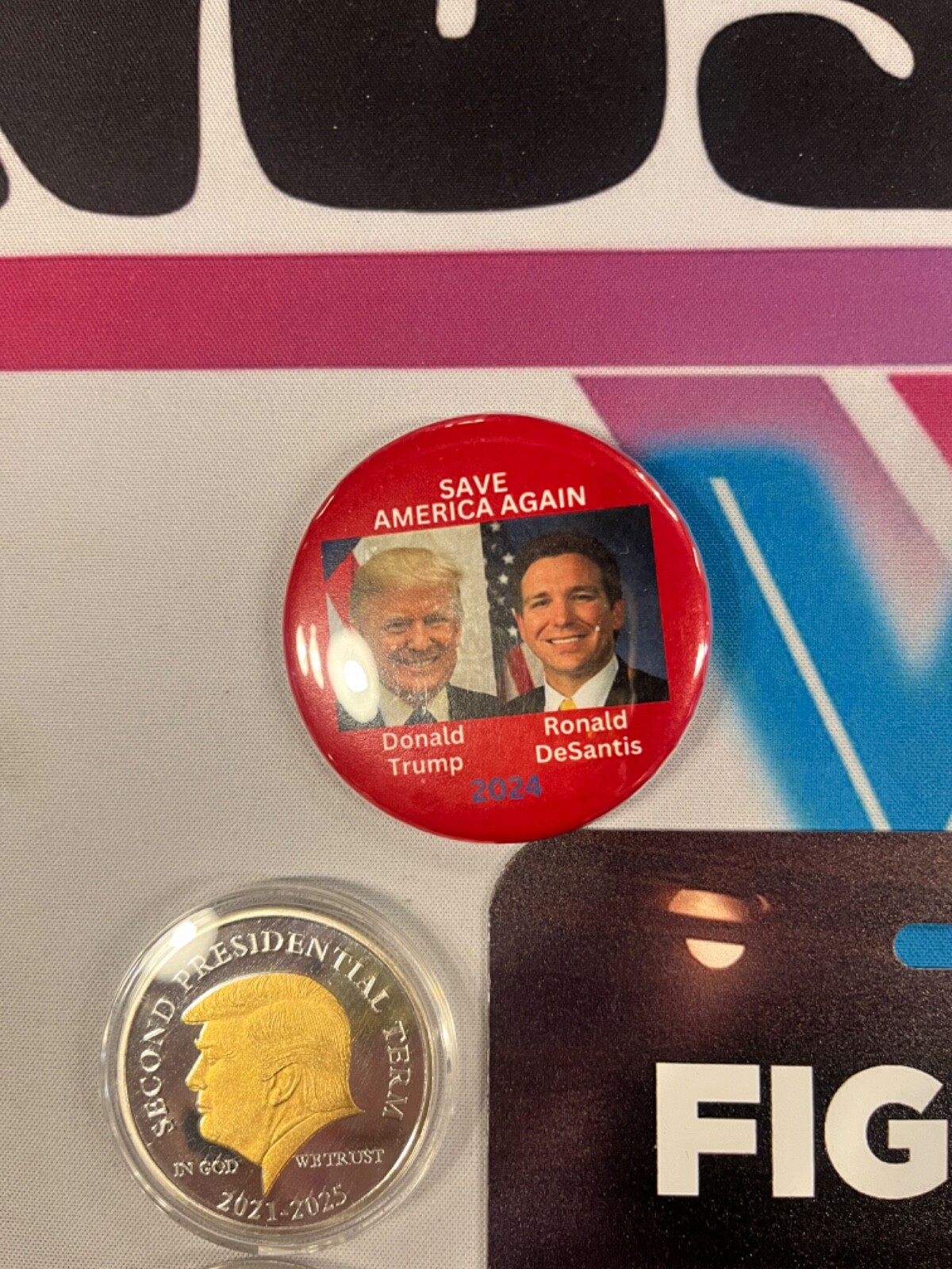 Donald Trump President Collectible Lot (4) 2 coins, campaign button, metal sign