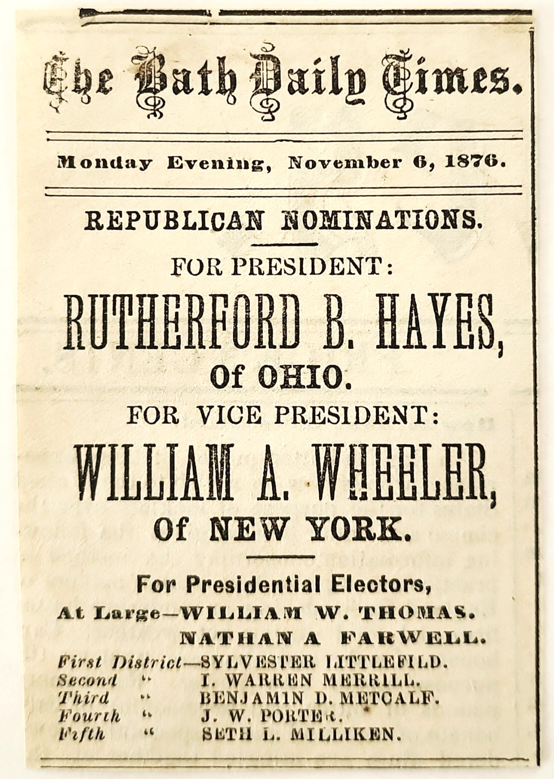 1876 Rutherford B Hayes For President Advertisement Bath Maine Centennial News