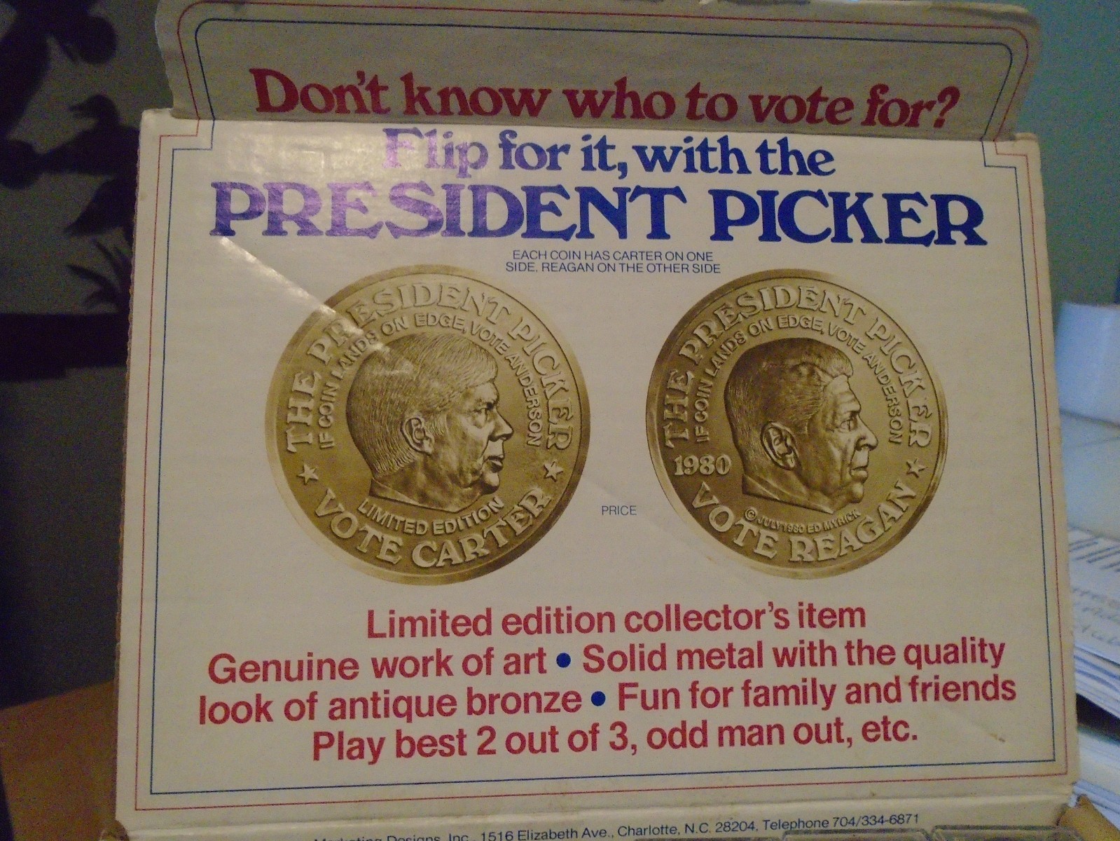 1980 Vintage President Picker REAGAN vs. CARTER Limited Edition Token Coin box