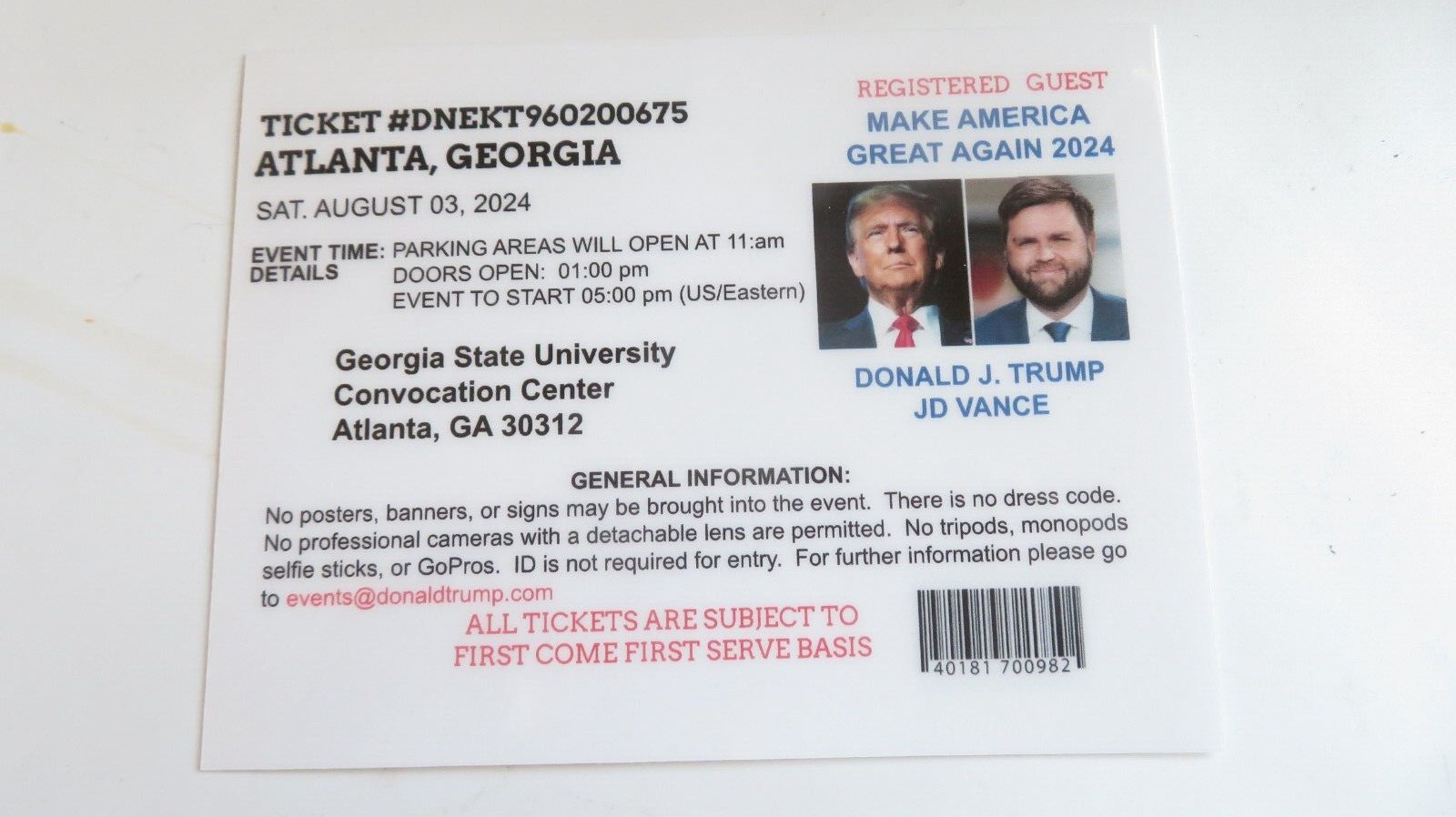 DONALD TRUMP RALLY TICKET, ATLANTA, GA. SAT AUGUST 03,2024 GEORGIA ST UNIVERSITY