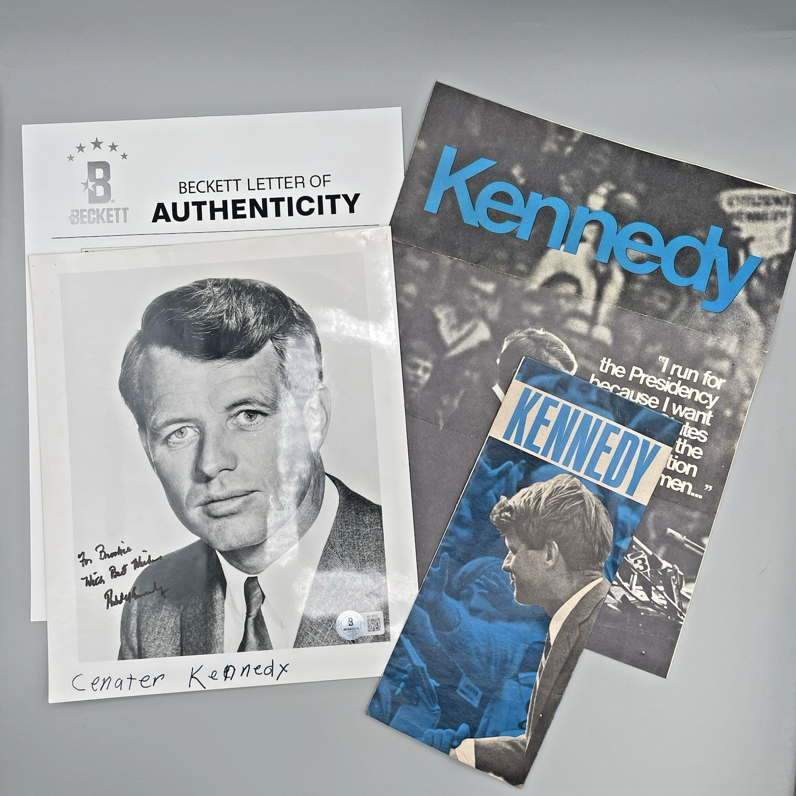 Sen. Robert F. Kennedy Signed Photo w/COA BAS Grade 10 + 1968 Campaign Brochures