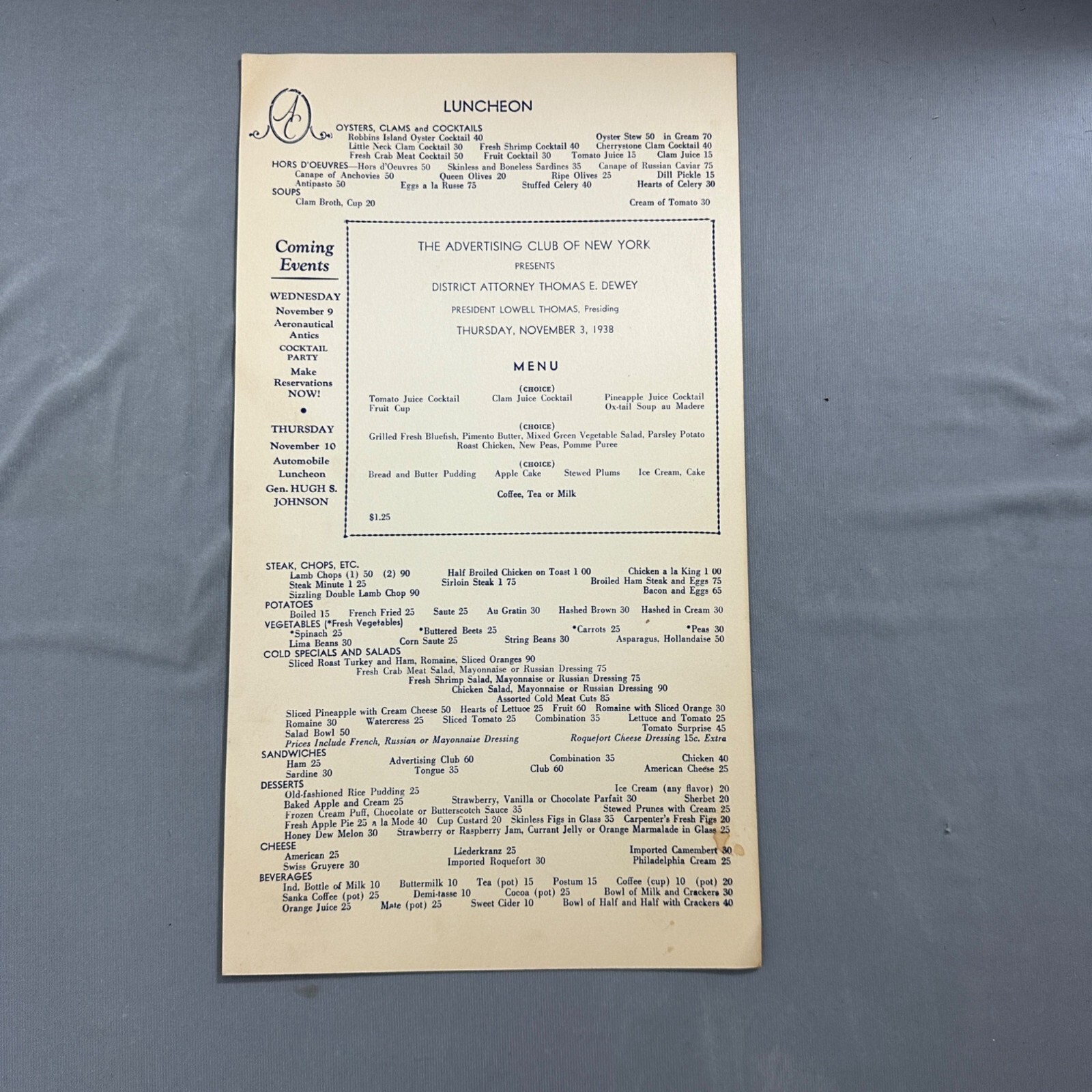Vintage 1938 Menu Thomas Dewey Advertising Club New York