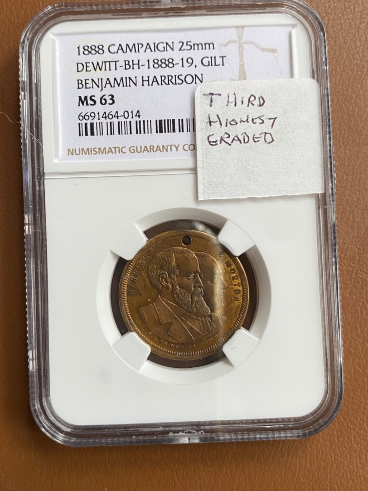 1888 POLITICAL CAMPAIN 25mm DEWITT-BH-1888-19, GILT BENJAMIN HARRISON NGC MS63