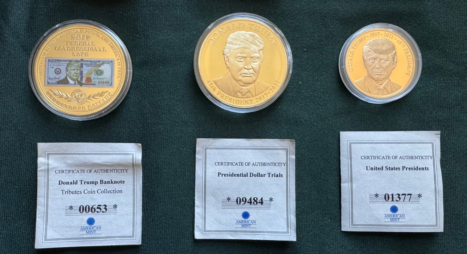 Set of 9 Unique Donald Trump Commemorative Gold Clad Coins in wooden case + CoAs