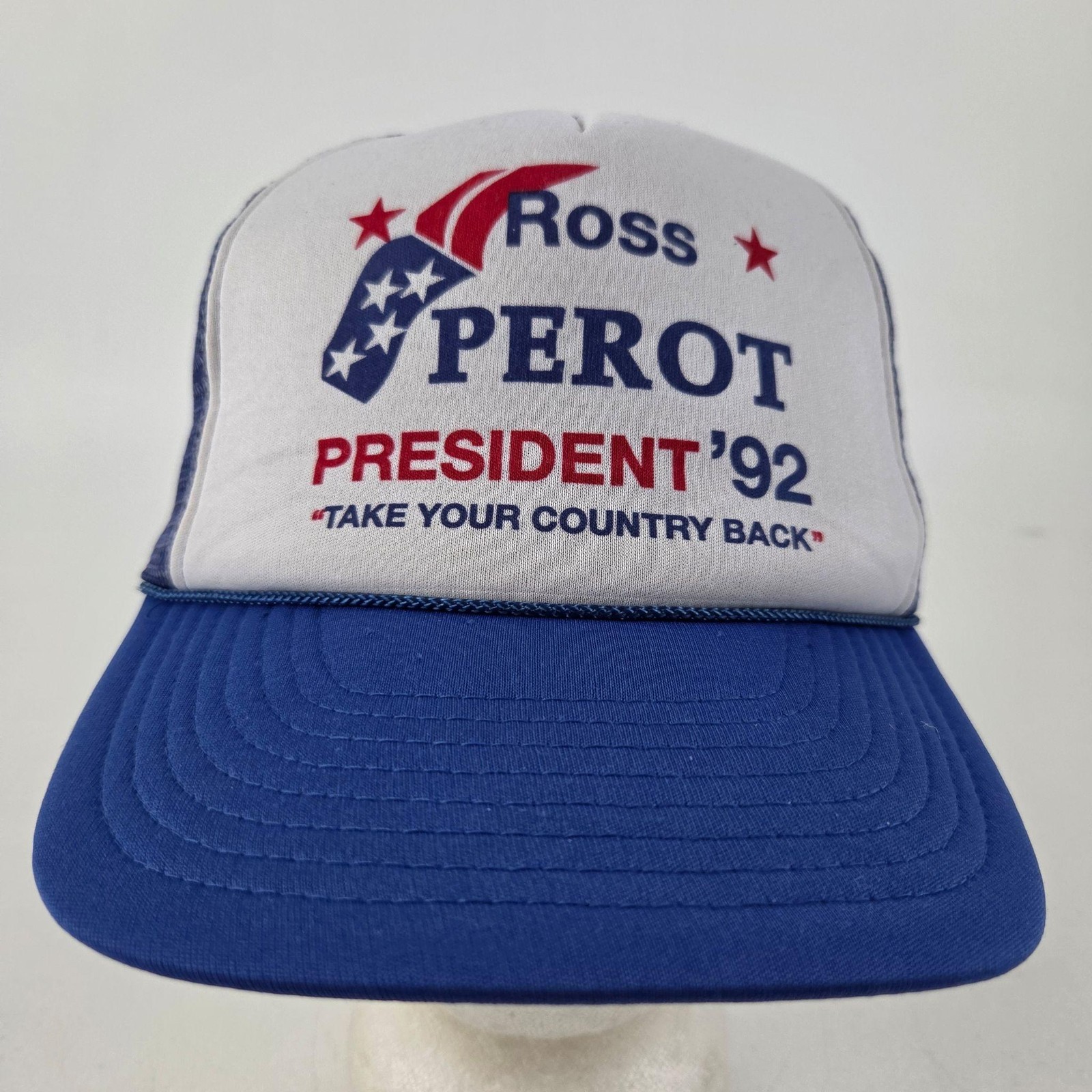 Vintage Ross Perot President ’92 Trucker Hat Mesh Blue White Adjustable Snapback