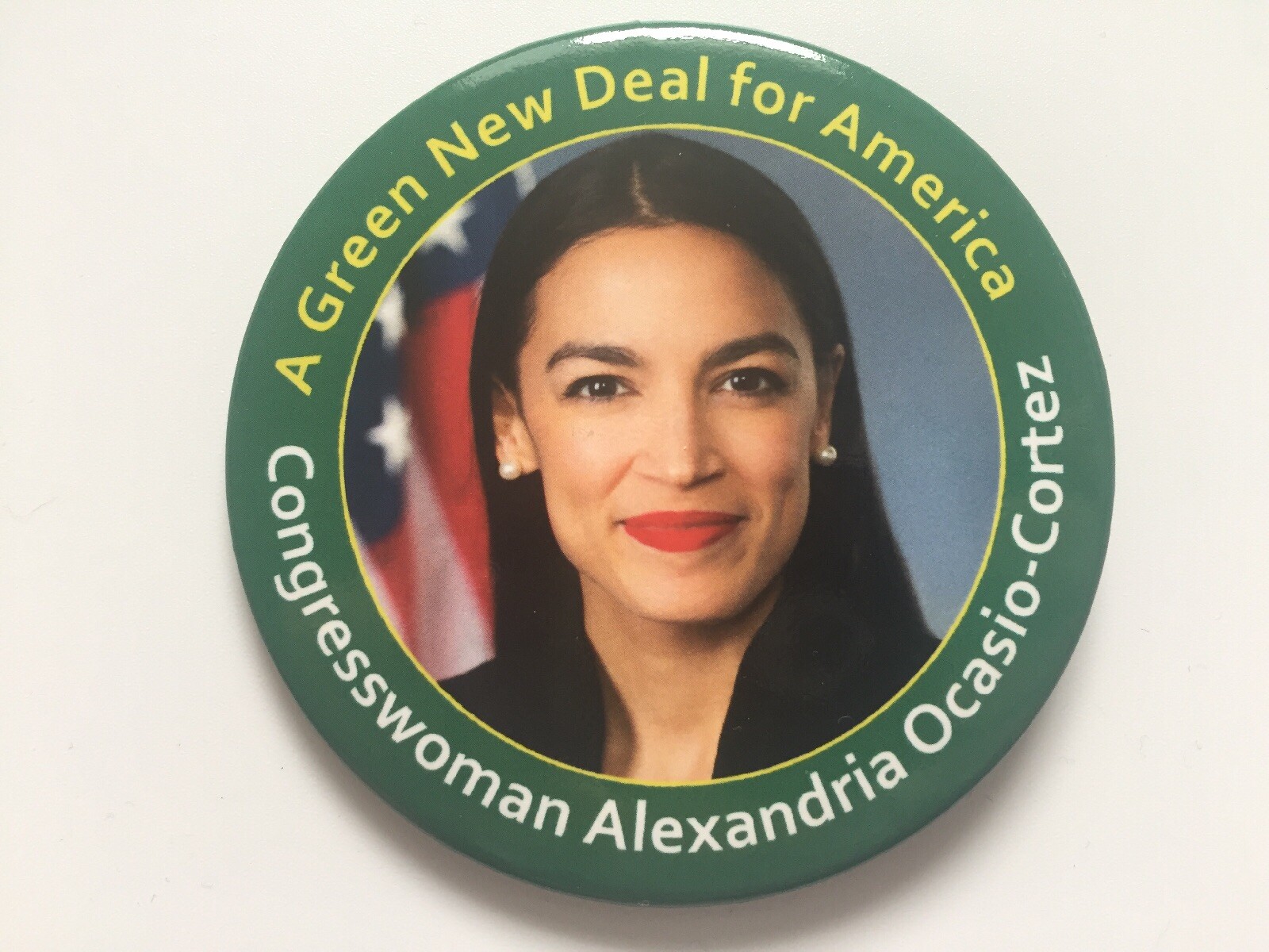 Congresswoman Alexandria Ocasio-Cortez 3″ Button “A Green New Deal for America”