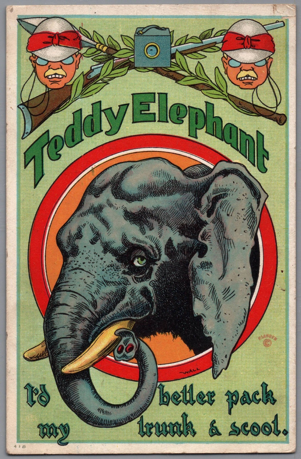 C. 1908 Presidential Campaign Teddy Roosevelt Elephant Hunting Postcard /