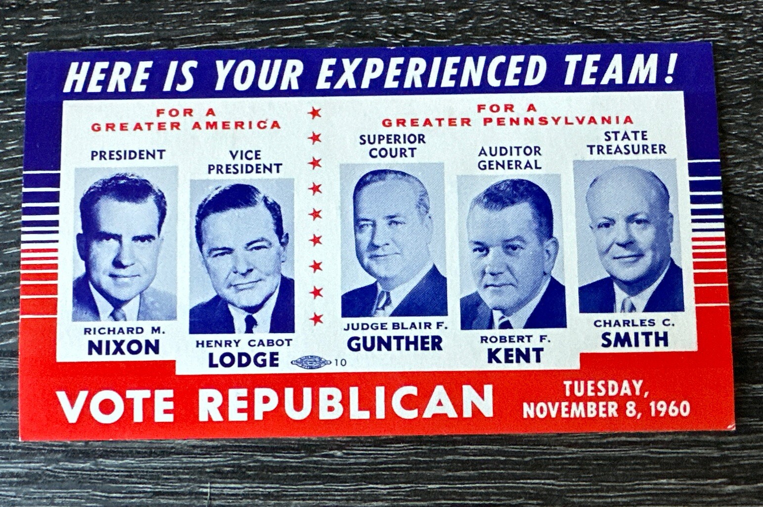 1960 Republican Campaign Card Pennsylvania Richard Nixon Henry Cabot Lodge GOP