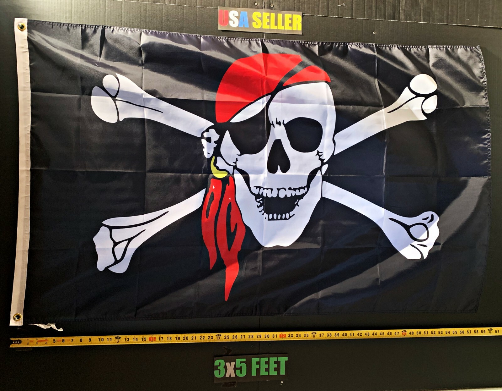 Pirate Flag FREE SHIPPING Red Bandana Skull Bones War Cool USA Poster Sign 3×5′