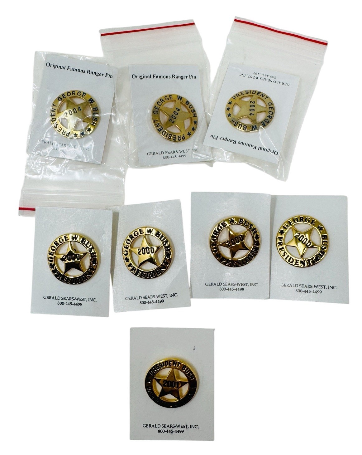 8 GEORGE W. BUSH ORIGINAL “FAMOUS RANGER” HAT/LAPEL PINS, 2000, 2001, 2004
