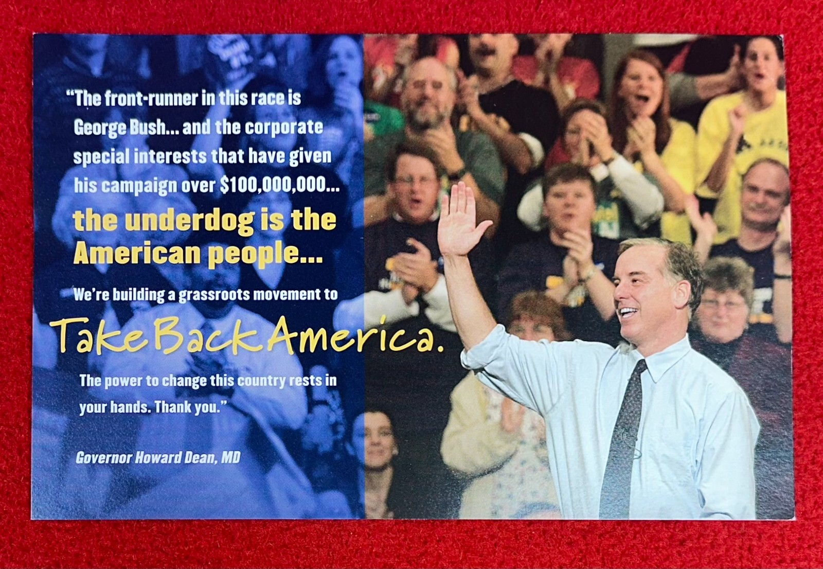 2004 Howard Dean ‘Take Back America’ Presidential Campaign Postcard / 5.5 x 8.5