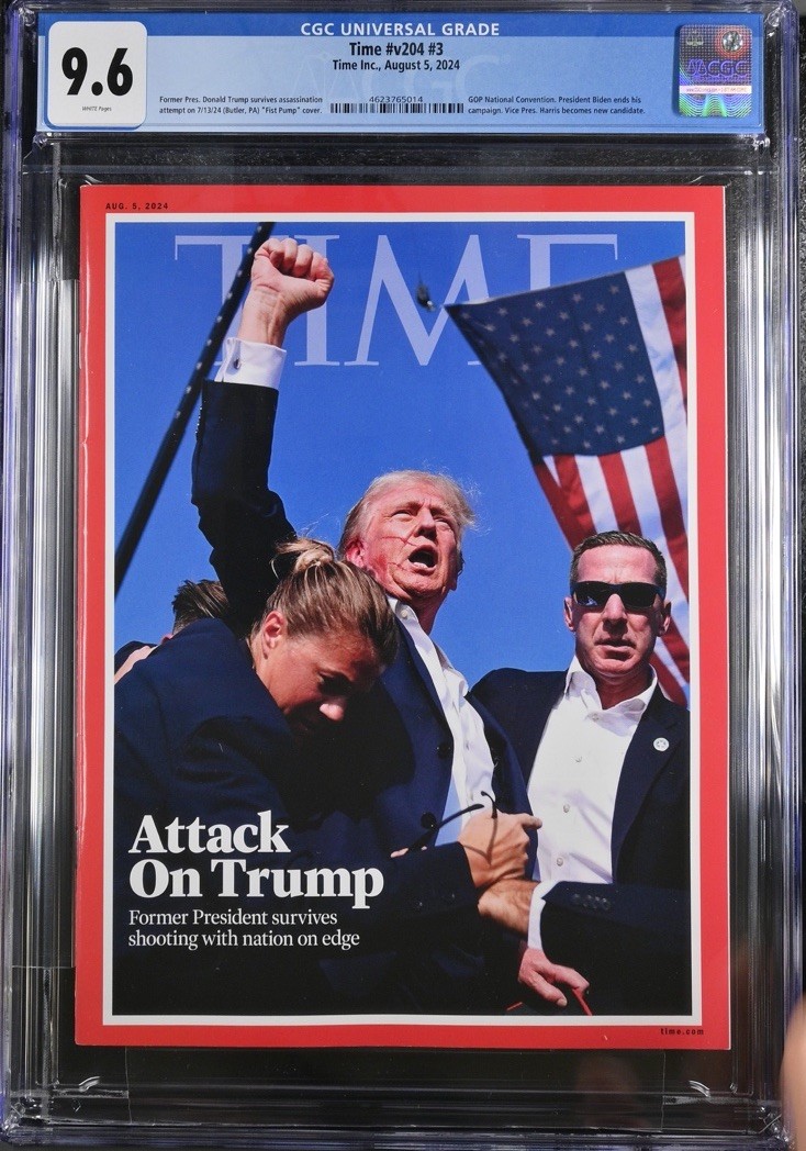 DONALD TRUMP RARE TIME MAGAZINE COVER 2024 USA SURVIVES ATTACK FIST PUMP CGC 9.6