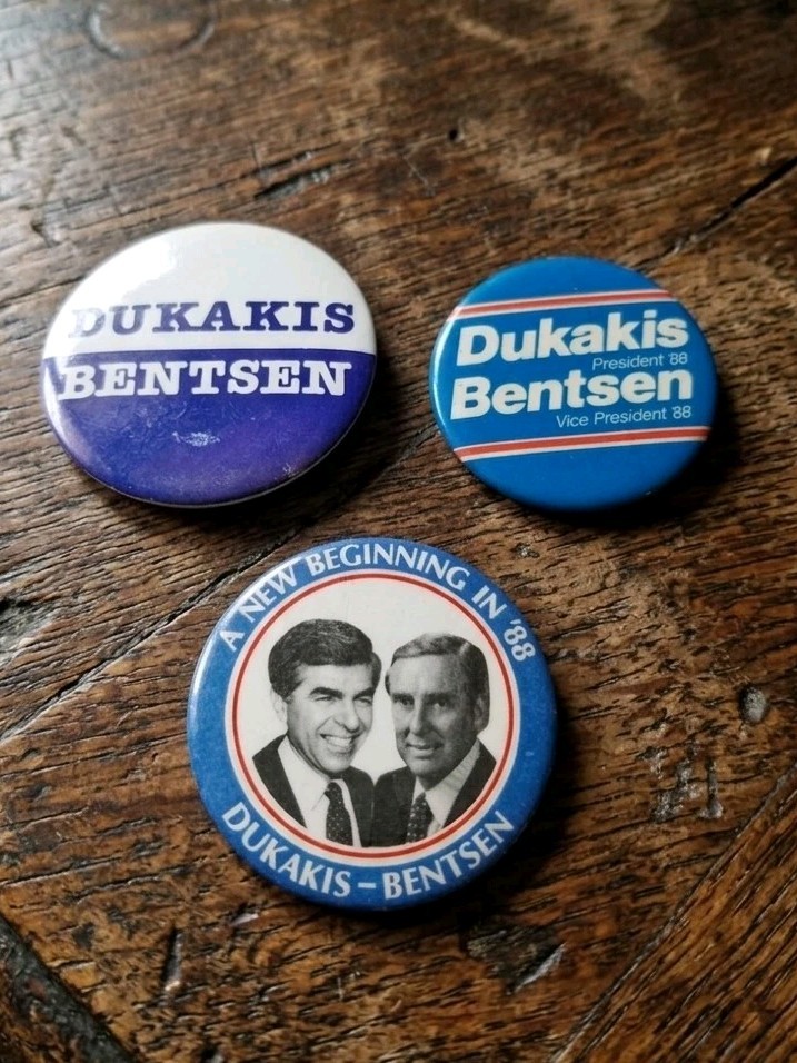 Vintage 1988 Dukakis Bentsen Presidential Campaign Buttons Pins Lot of 3…