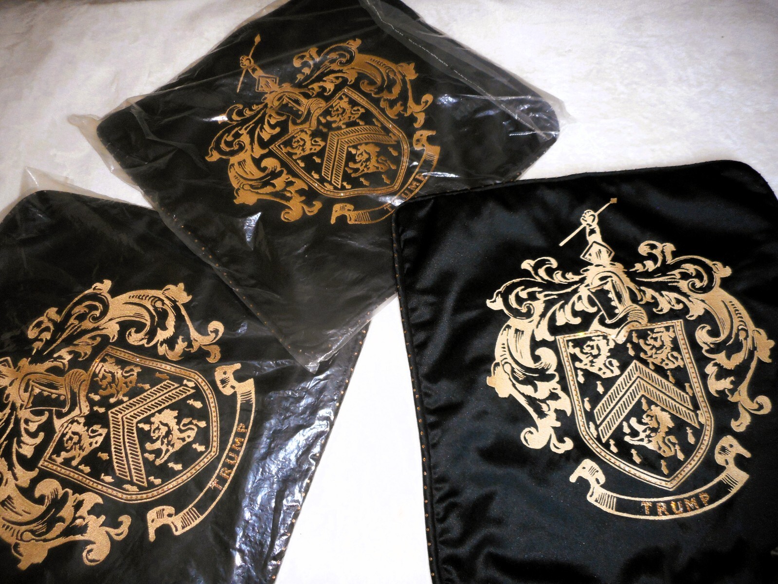 Trump Rare & Elegant Coat of Arms Crest Pillow Shams Set of Three w Gold Sequins