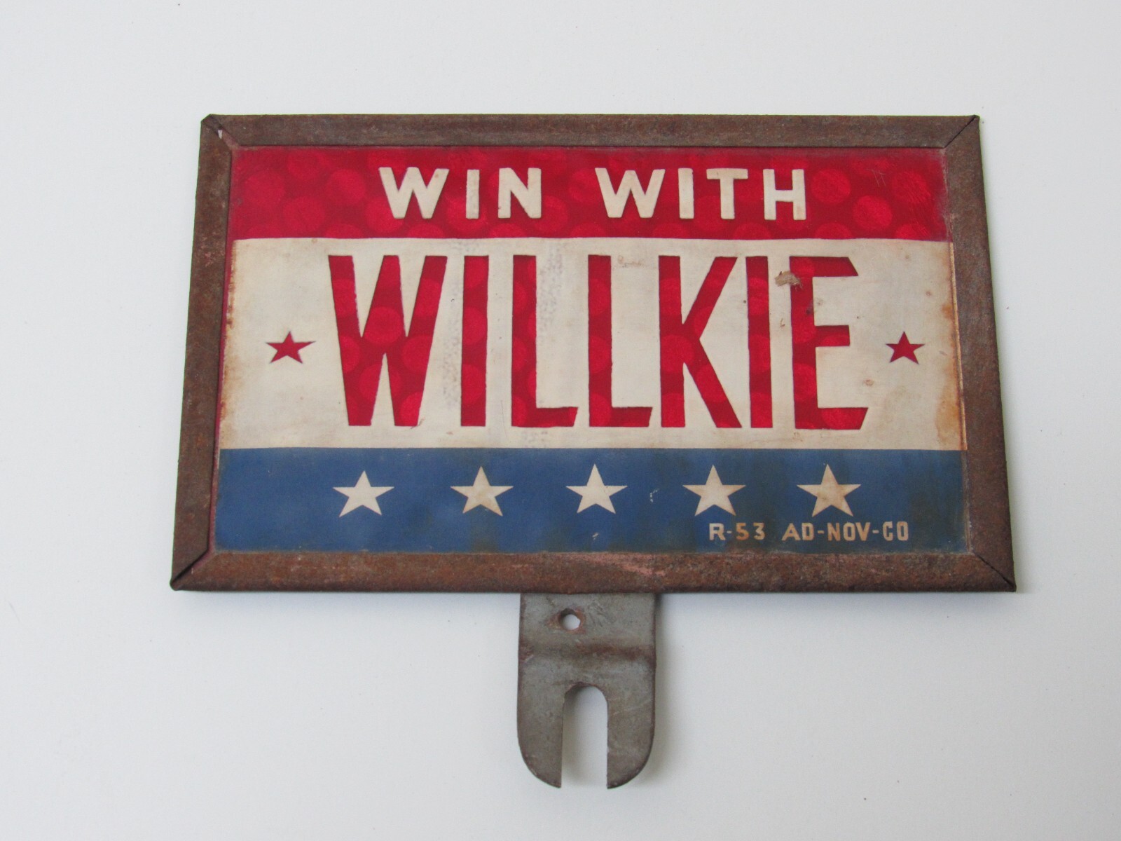 WIN WITH WILLKIE 1940 PRESIDENTIAL REFLECTIVE POLITICAL LICENSE PLATE TOPPER FDR