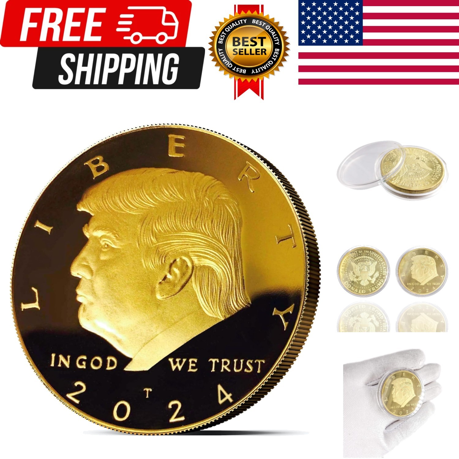2024 Donald Trump Collectible Gold-Plated Coin with Case, Support Re-Election