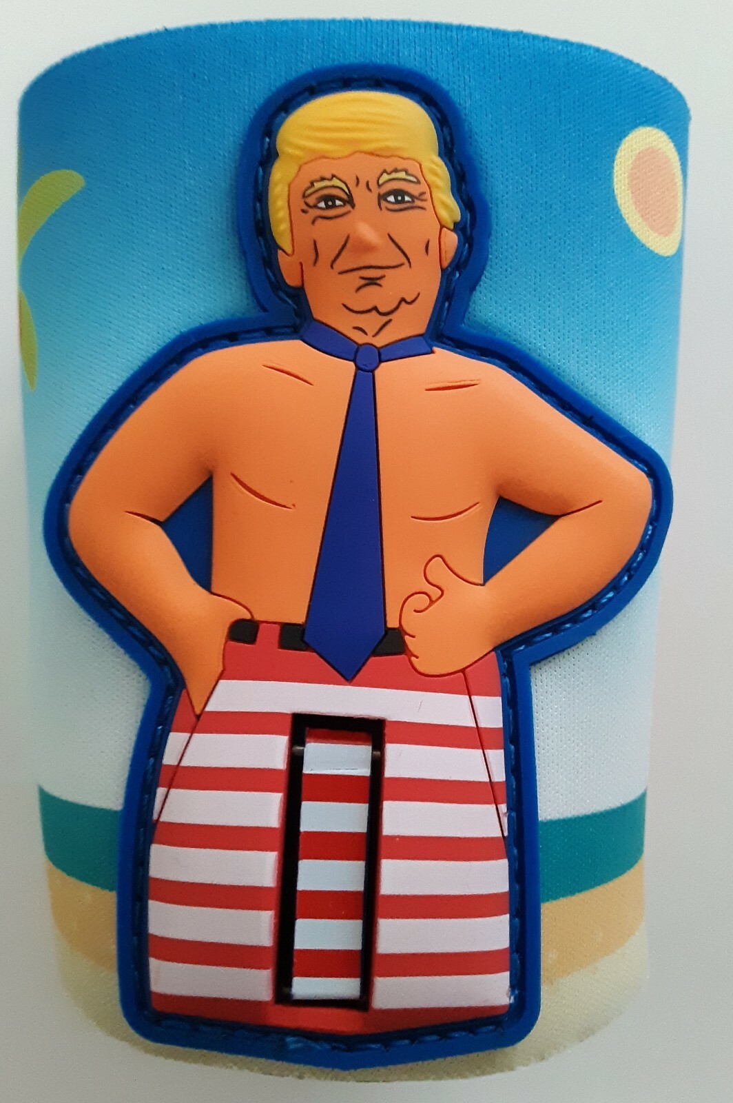 President Trump 2024 Can Koozie Salute w Flag Pole In Pants Red White Blue Flag