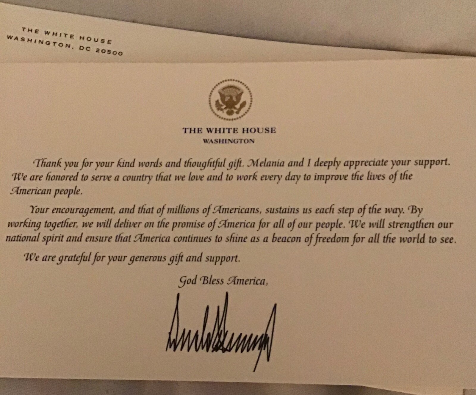TRUMP WHITE HOUSE THANK YOU GIFT CARD SIGNED DONALD REPUBLICAN GOP OFFICIAL EXC