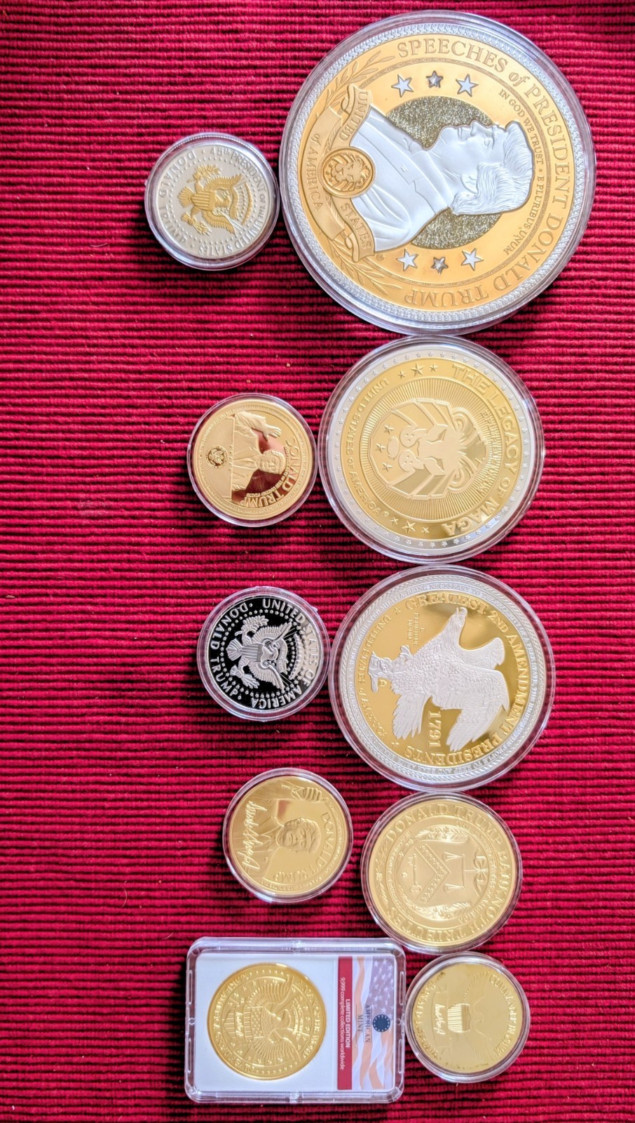 10 Gold/Silver Plated Donald Trump Coins in Protective Holders. MAGA.