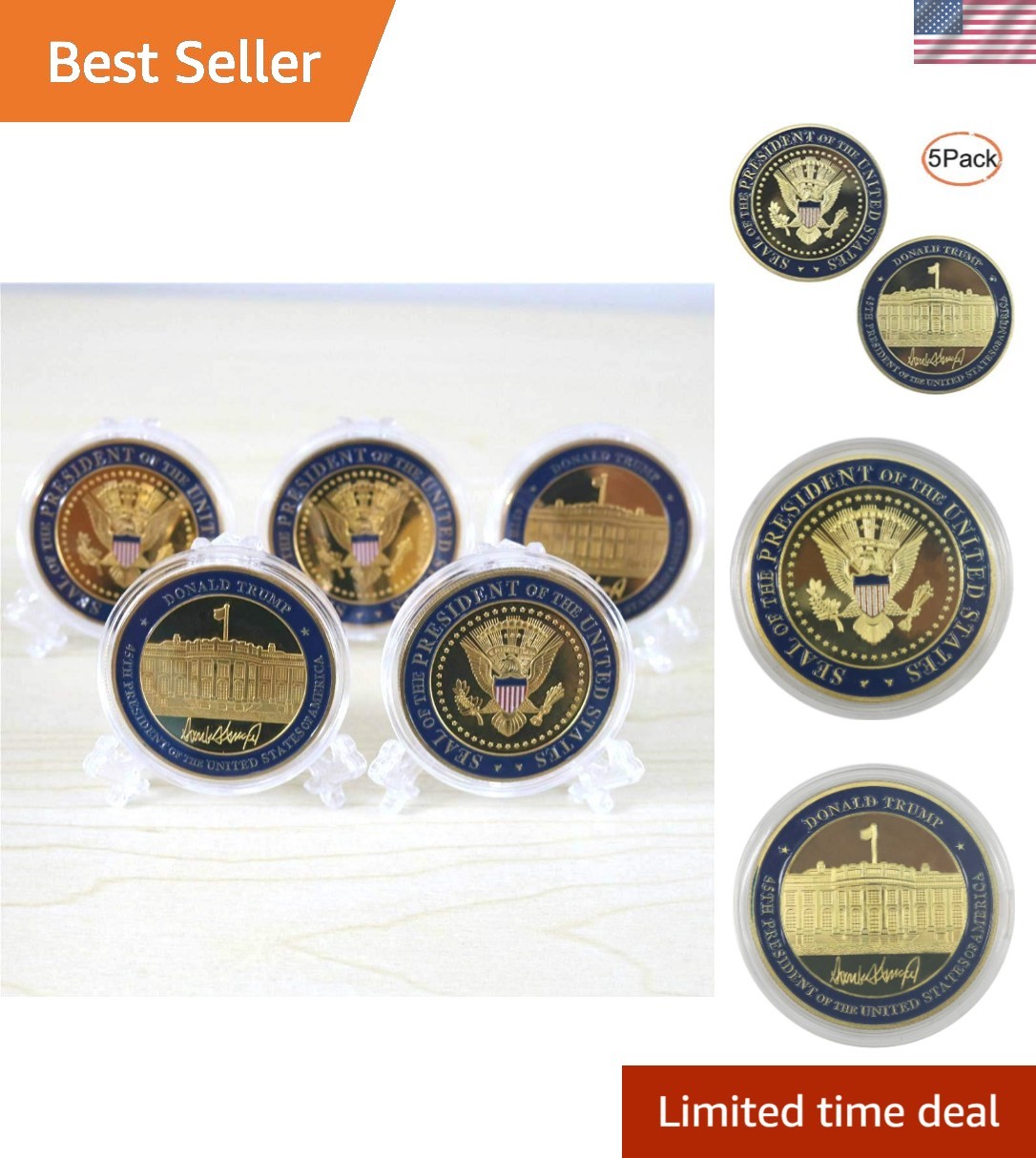 Seal of The President Challenge Coins Set with Display Case – 5 Pack