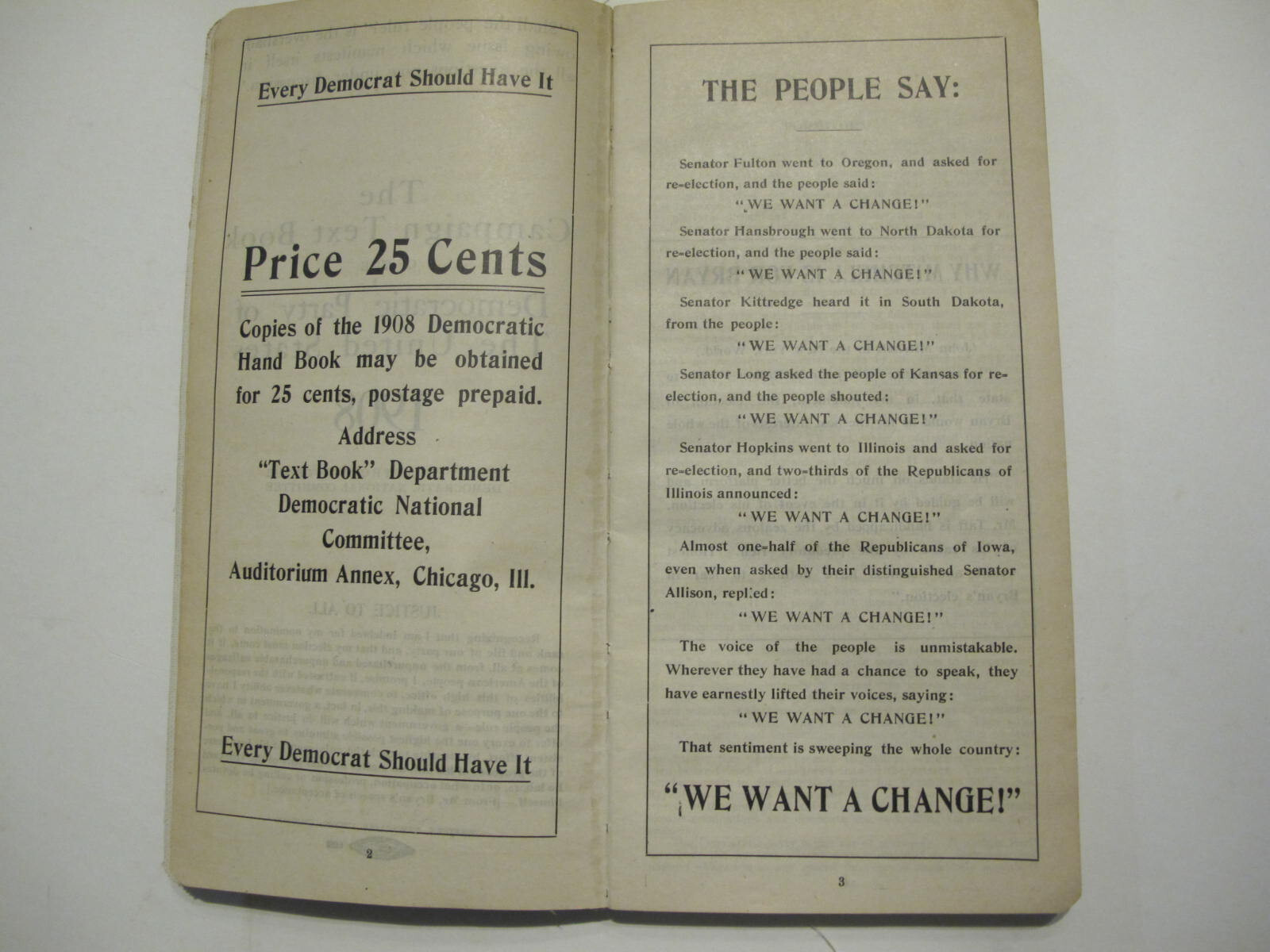 ORIGINAL CAMPAIGN TEXT BOOK DEMOCRATIC PARTY OF THE UNITED STATES 1908 289 PAGES