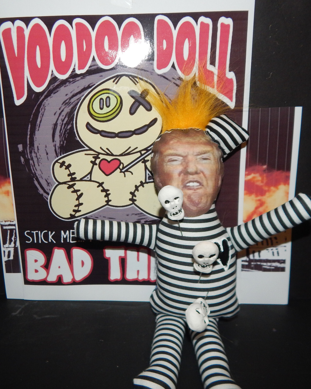 Donald Trump, Prison Stripped Voodoo Doll with 3 hand sculpted Skull Pins