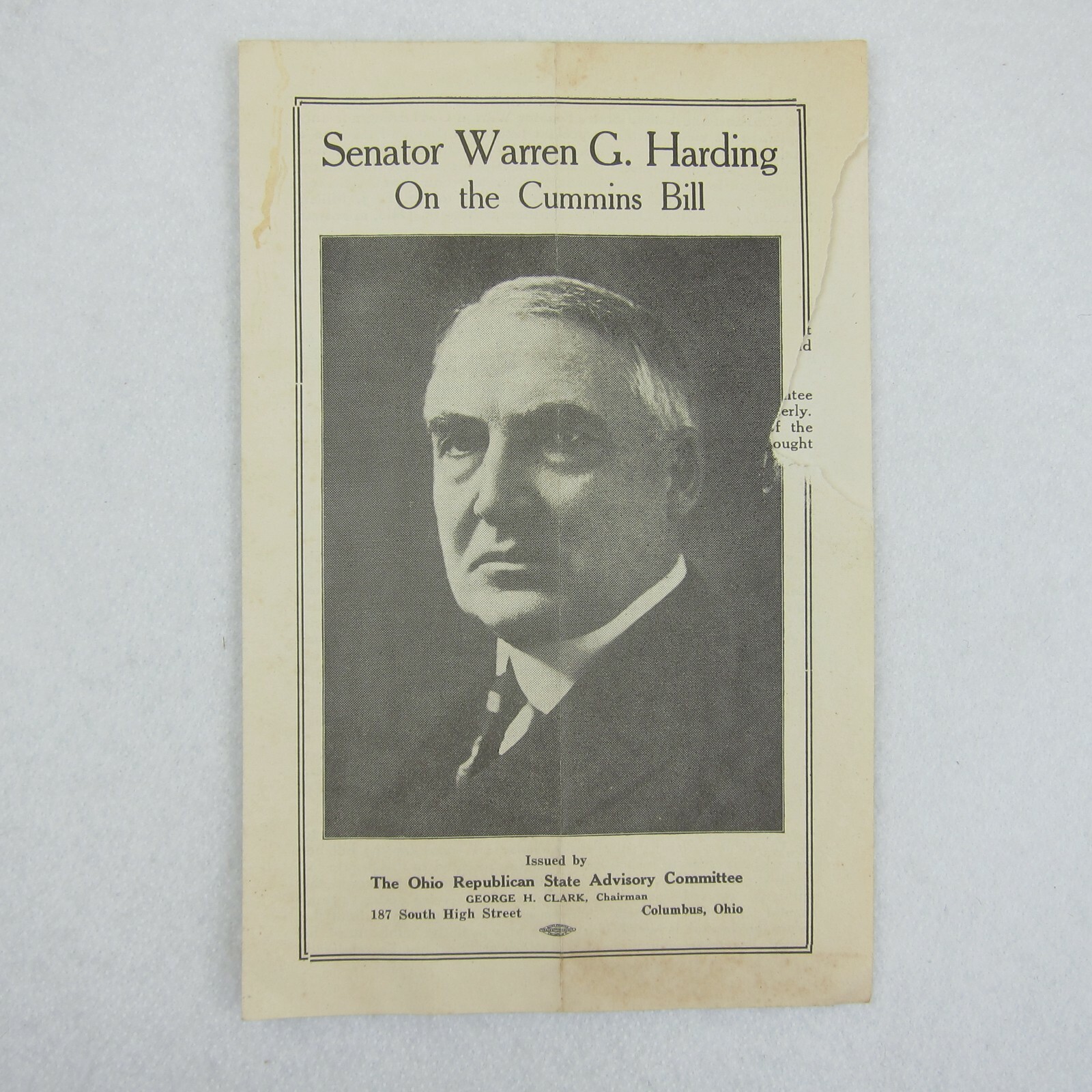 Antique 1920 Senator Warren G. Harding of Ohio On Cummins Bill Pamphlet RARE