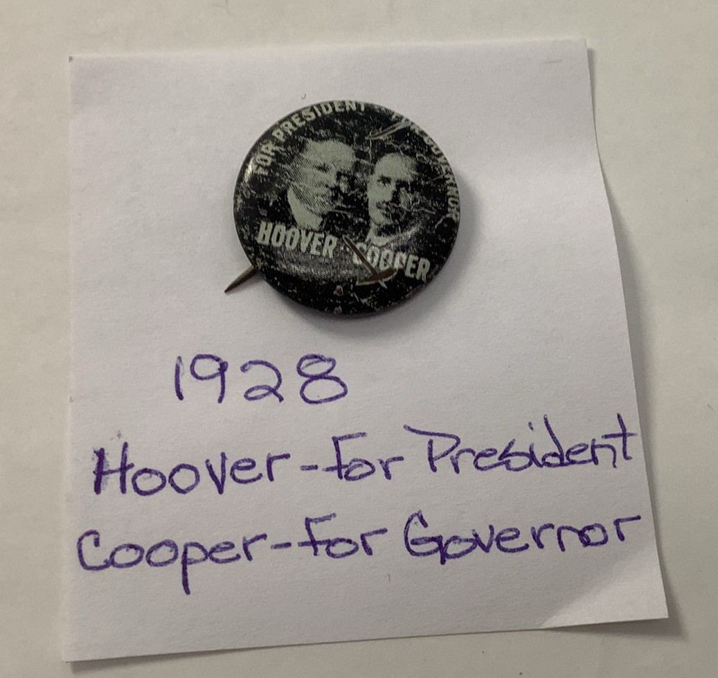 1928 Herbert Hoover For President, Cooper Governor campaign pin button political